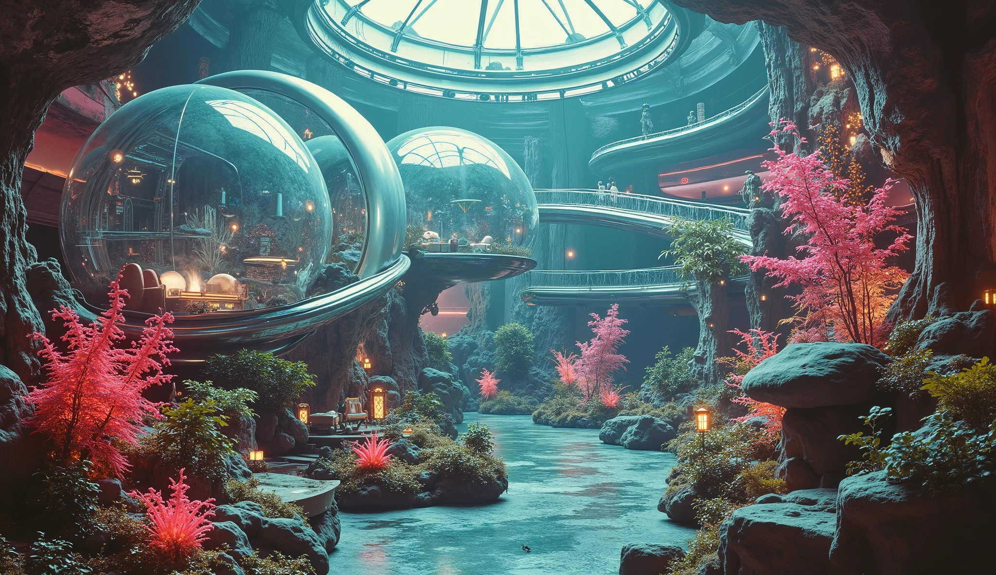 A luxurious floating botanical garden on Venus, where gravity-defying chrome walkways twist between massive, translucent biodomes. Inside, the plants are exotic, glowing, and slightly surreal, evolving to survive in the planet’s unique atmosphere. Vintage bubble-shaped benches provide rest areas, while hovering robotic gardeners tend to the neon-colored flora.