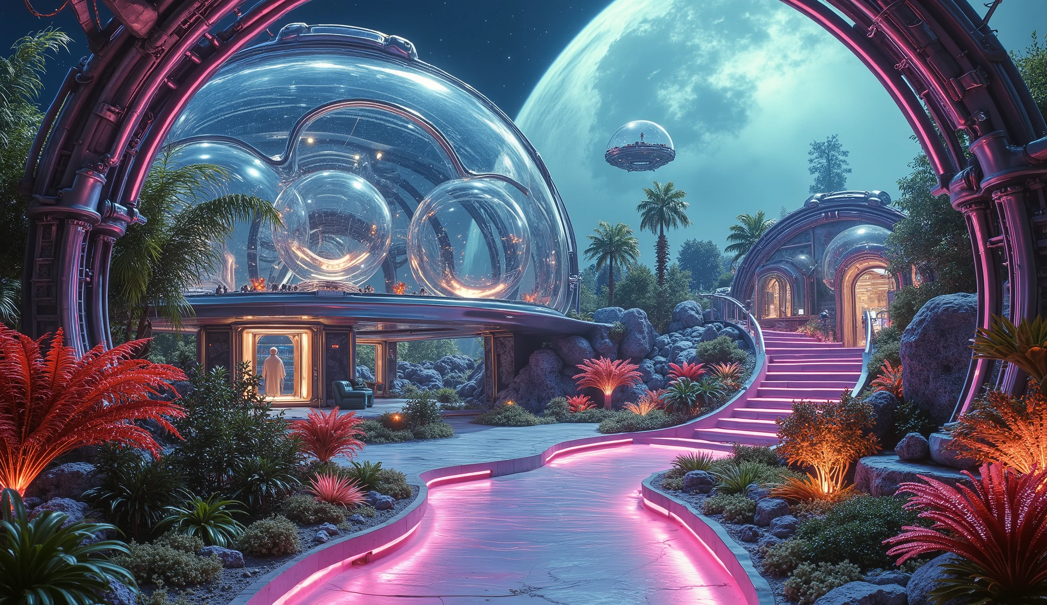 A luxurious floating botanical garden on Venus, where gravity-defying chrome walkways twist between massive, translucent biodomes. Inside, the plants are exotic, glowing, and slightly surreal, evolving to survive in the planet’s unique atmosphere. Vintage bubble-shaped benches provide rest areas, while hovering robotic gardeners tend to the neon-colored flora.

