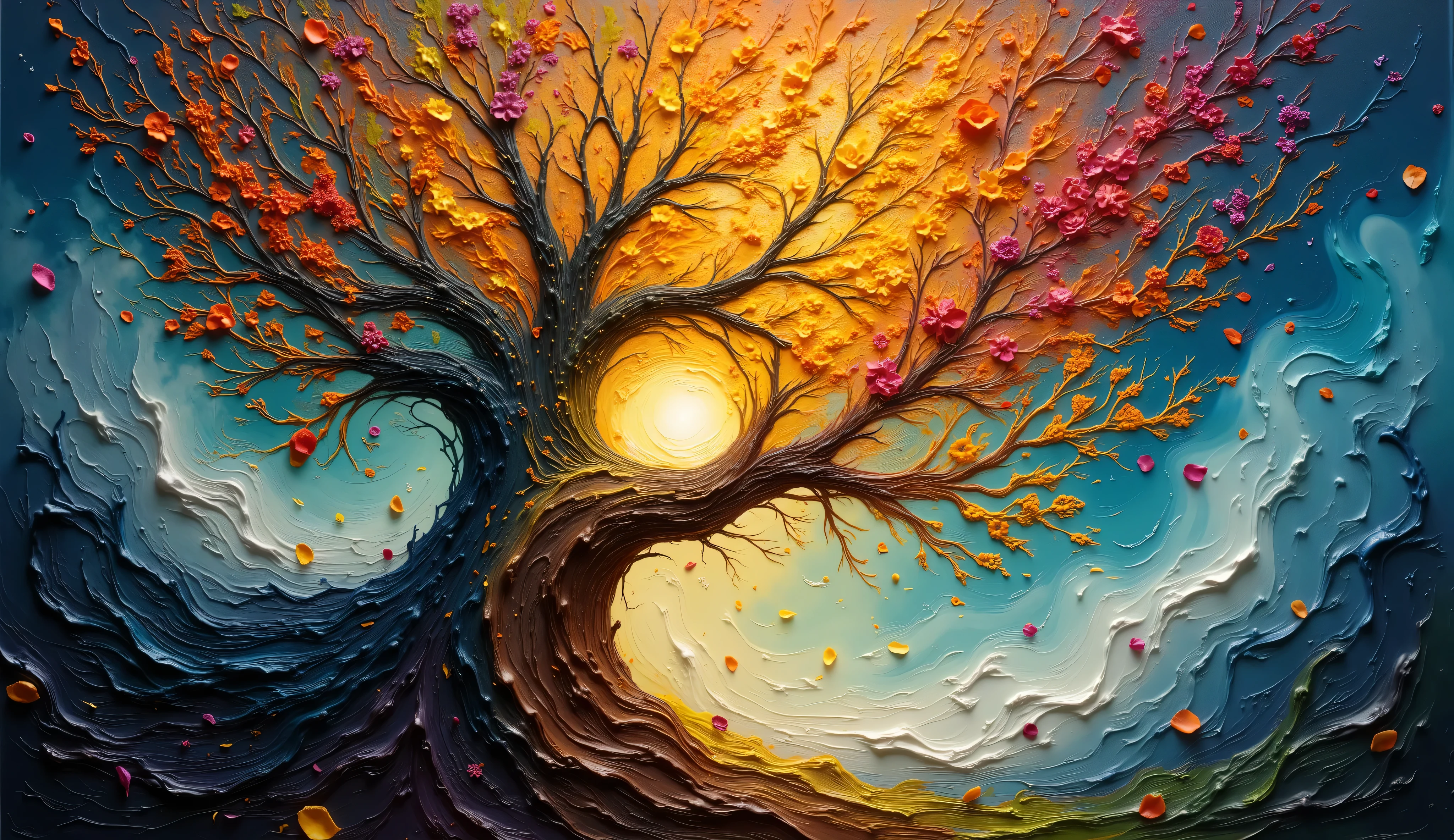 Dreamlike digital artwork of  a towering tree in the Garden of Eden. Her cascading hair becomes a vibrant waterfall of golden cranberries and detailed zentangle-patterned flowers, twisting into a tornado of love and loss. The scene is lit with an iridescent glow from bioluminescent plants, with swirling mists and moonlight filtering through the treetops. Soft petals drift through the air, blending serenity and sorrow.  The scene is all made in white and golden palete
