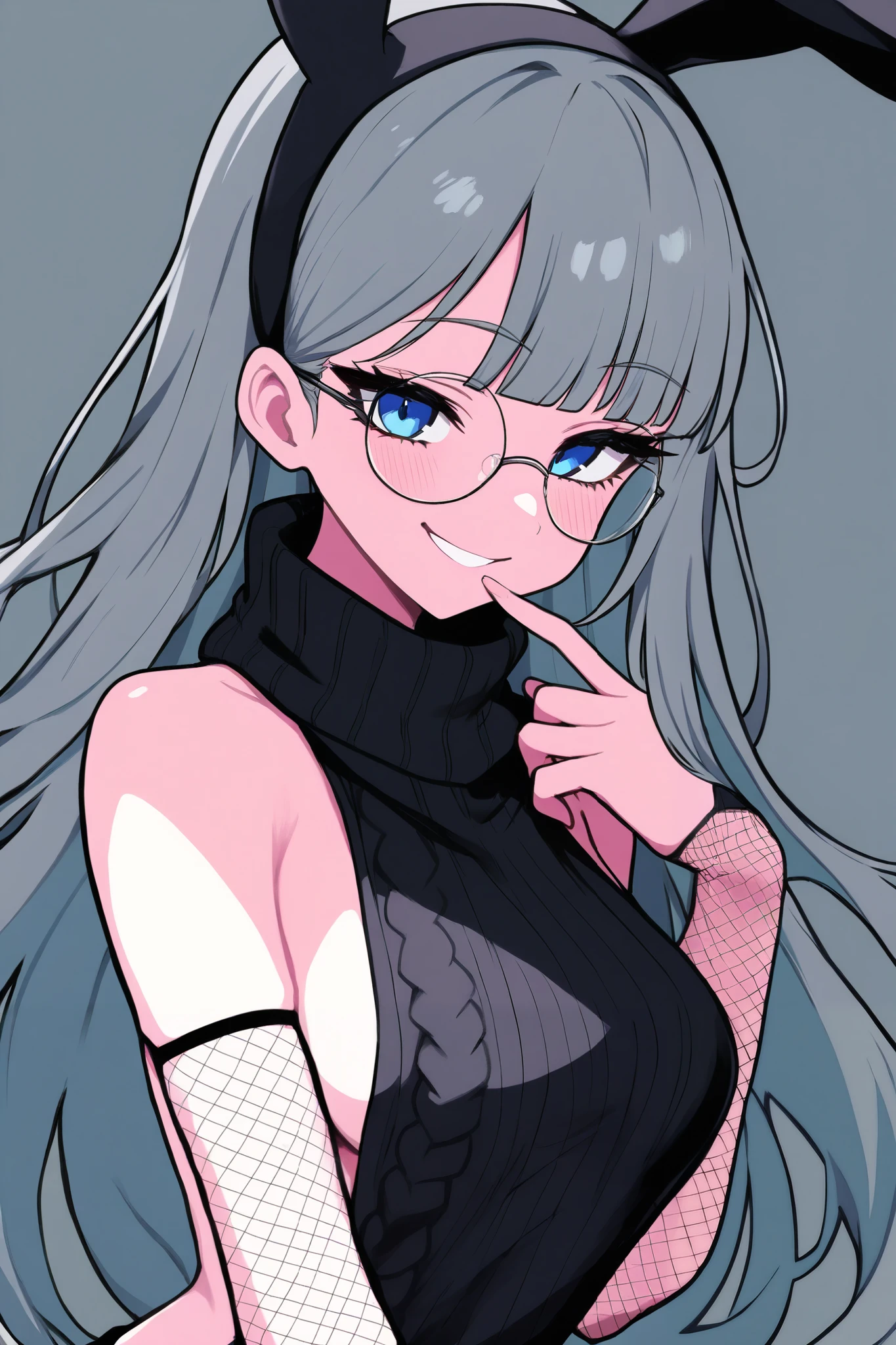 masterpiece, best quality, amazing quality, newest, very aesthetic, 1girl, upper body, smirk, grey hair, blunt bangs, long hair, round eyewear, rabbit ears, fake animal ears, blue eyes, long eyelashes, sideboob, medium breasts, virgin killer sweater, black sweater, fishnet sleeves, finger to mouth, dynamic pose, lineart, sharp lines, diffused light, absurdres, highres