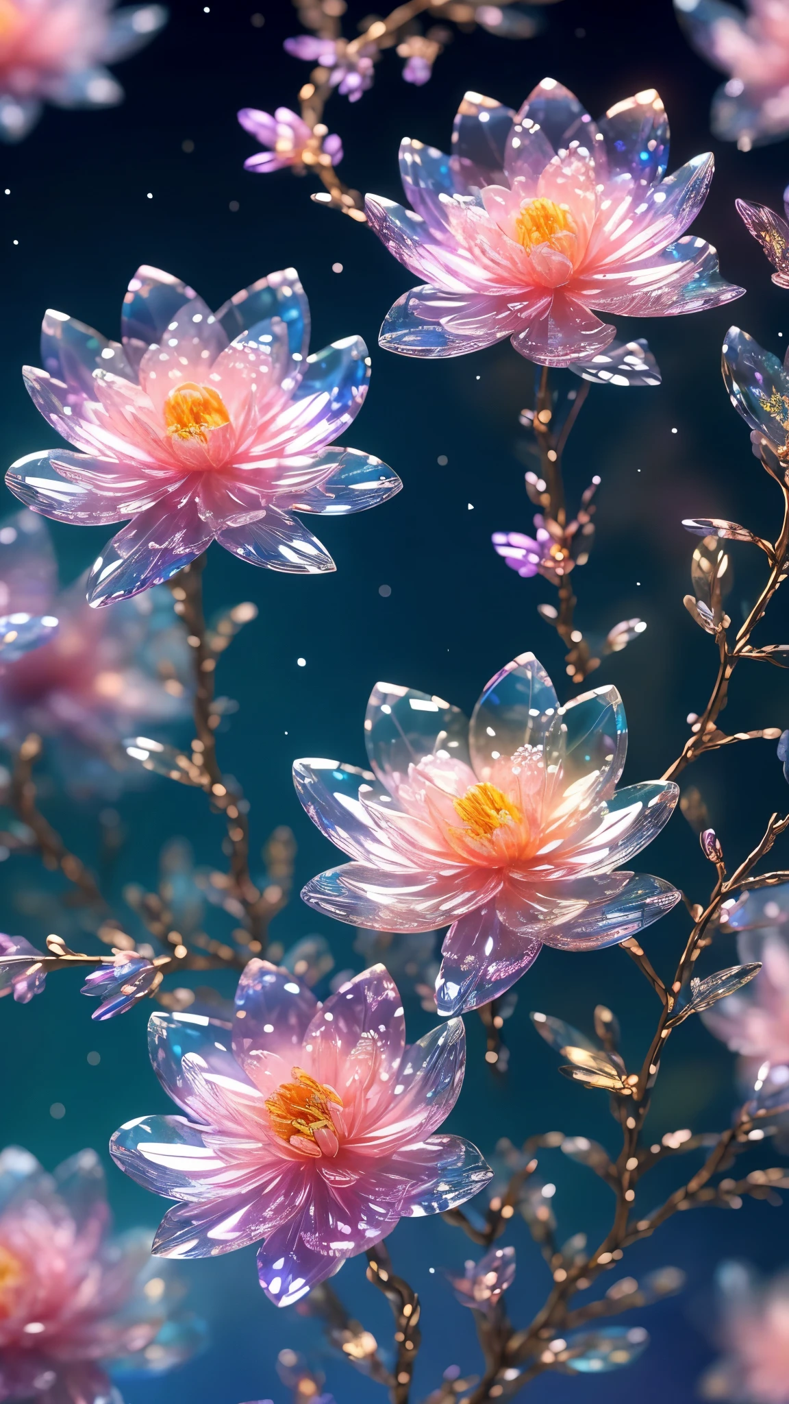 top quality、 crystal spring blossom, fantasy, galaxy, Transparent, Shimmering ,  twinkle in both armpits, is amazing, colorful,  magic pictures, dramatic lighting, photorealism for composition, super detailed, 4K, is written, high definition