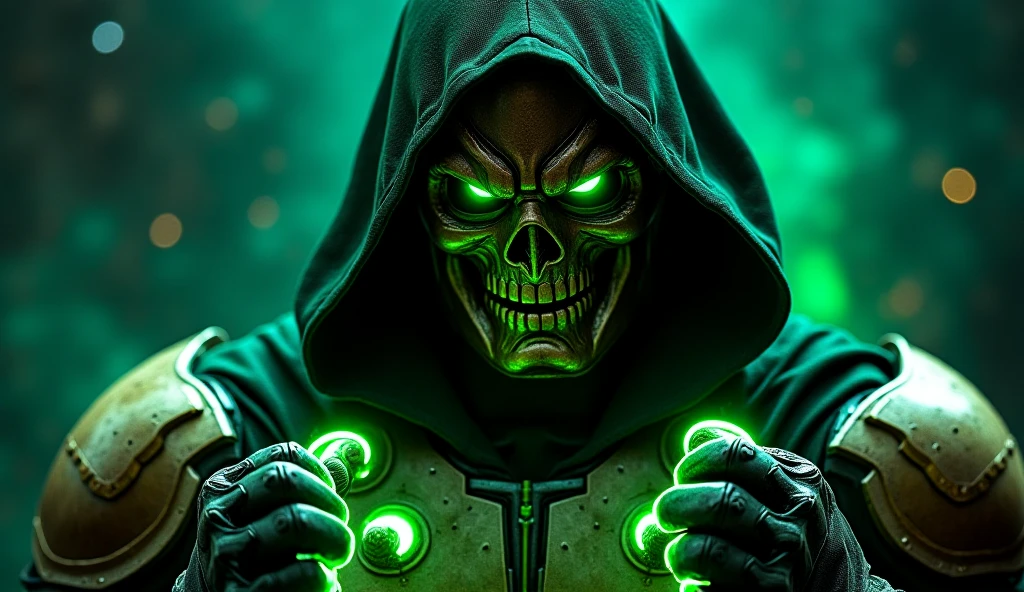 A hyper-realistic, cinematic portrait of Dr. Doom, wearing his dark ...