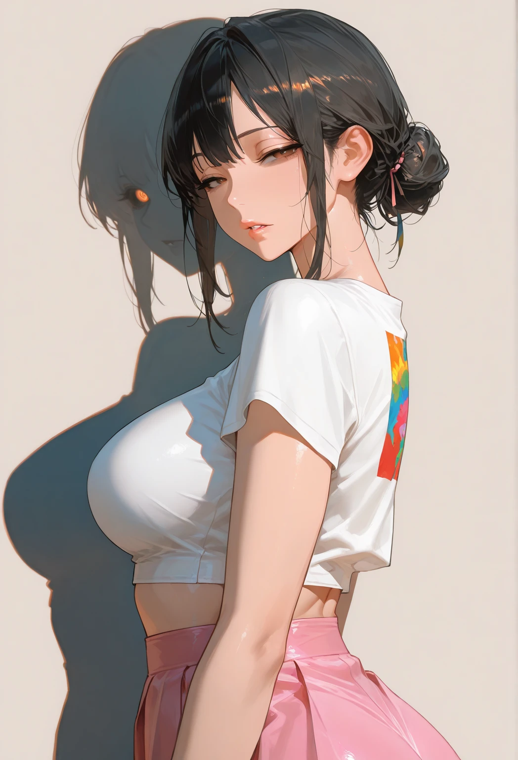 20 years old,1 mature woman,hyperrealistic, 8k, (extremely detailed 8k), (very delicate and beautiful), (masterpiece), (better quality:1.0), (ultra high resolution:1.0), (masterpiece, best quality),cute,black hair,ponytail,cowboy shot,white background,realistic skin,patternless t-shirt,short denim pants,cap,,model posing,big breasts
