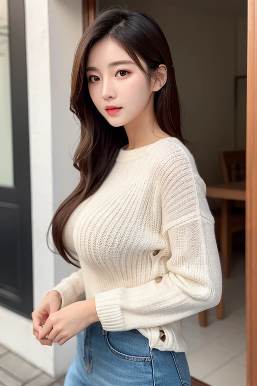 {{NSFW}},((highest quality、In 8K、masterpiece:1.1)),(natural light),(glowing:1.4),(lighting forward),1 woman in Japan、japanese woman、28 year old adult woman、japanese girl、black hair、shortcut、bob hair、short hair、Woman with dark eyes、Drooping eyes、drooping eyes、cute big eyes、Beautiful double eyes、cute face、delicate and beautiful skin、human-like skin、Realistic skin feel、複雑な色hair、complicated hairstyle、luster々hair、looking at camera、A woman looking slightly upwards、double round big eyes、very delicate eyes、super detailed face、High-definition lips、thick lips、emphasize the face、clear white skin、beautiful white woman、A woman with big breasts who looks good in a gray knit sweater、Beautiful woman wearing small gray clothes、Clothing that shows off big breasts、above the knee、beautiful feet、A woman with cute sleeves、
