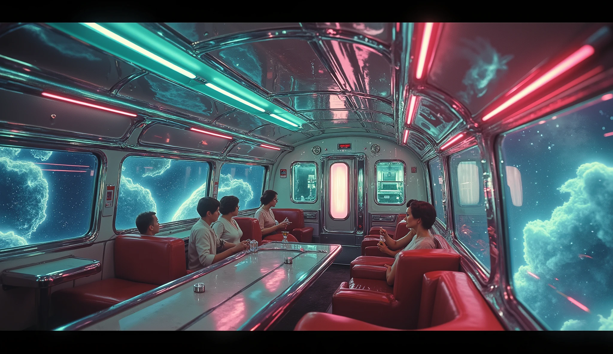 A breathtaking retro-futuristic train that glides through outer space, its cars made of chrome and translucent neon panels. The sleek, mid-century interior is filled with elegant passengers sipping glowing cocktails. Outside the panoramic windows, cosmic storms and glowing nebulae paint the sky as the train speeds toward an unknown destination.
