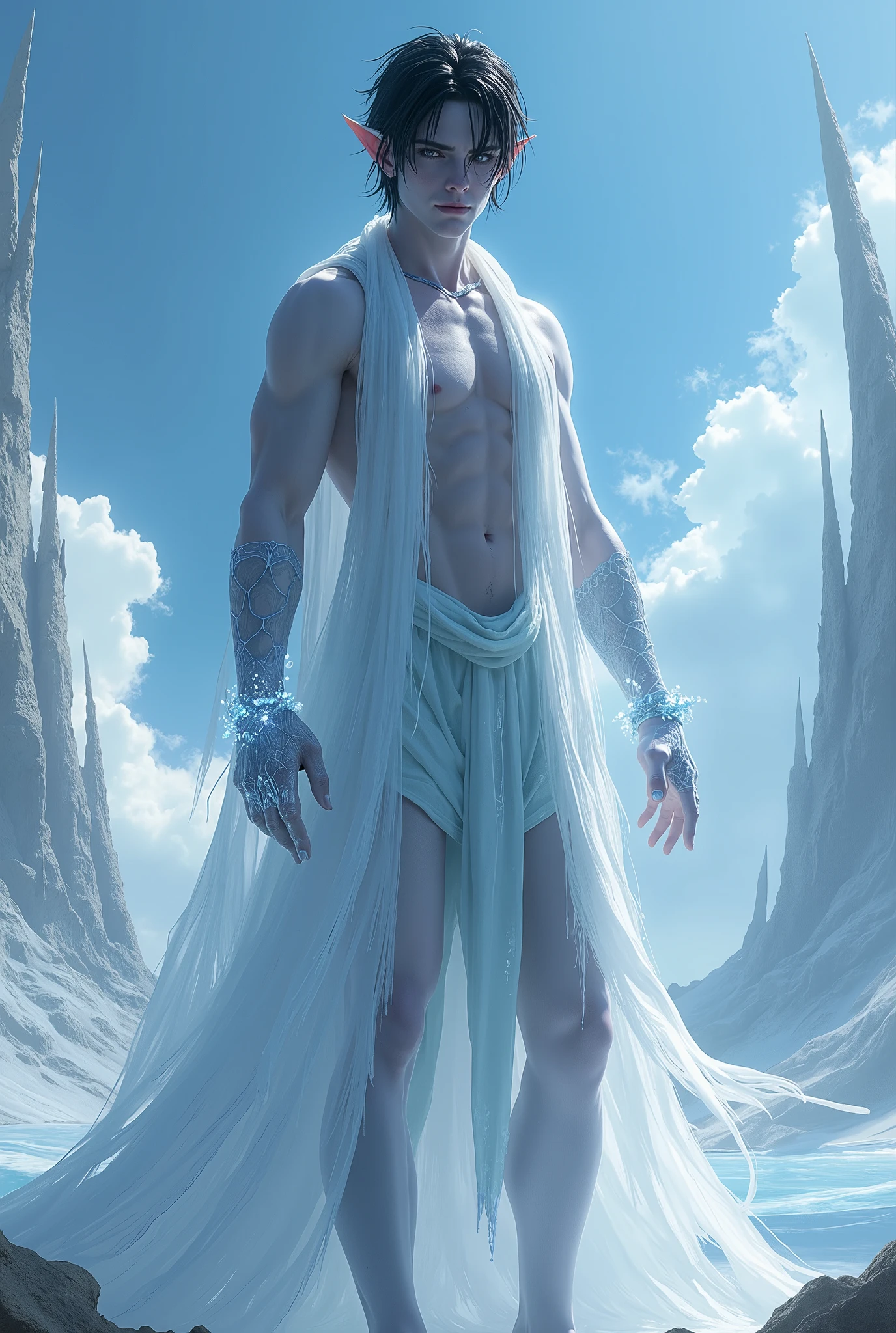 The image depicts an elf with an ethereal and icy appearance. He has smooth, bluish skin, contrasting with his intense and expressive eyes. His ears are long and pointed, accentuating his supernatural origins. His slightly messy black hair gives him a wild and mysterious air. He is shirtless, revealing a slender and defined body. Over his shoulders, a translucent and flowing robe blends with the wind, reinforcing his connection with a cold and mystical environment. His hands are adorned with bracelets of crystalline ice, which seem to be an extension of his own body or a magical artifact. His pants are white and he is completely barefoot. The background of the image presents a celestial and imposing landscape, with very high towers and sharp rocky peaks, creating an almost dreamlike setting. The blue sky with white clouds reinforces the feeling of grandeur and royalty. The elf's expression is serene yet intense, conveying a sense of power and mystery.