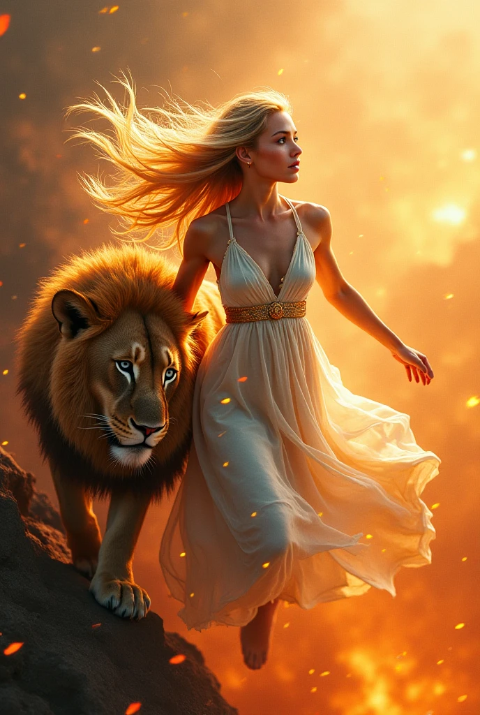 Leo, a female goddess, emits a golden light (divine radiance) all over her body. She is a female god of war, sitting on a male lion and caressing the lion with her hands. She is a beautiful and seductive goddess, with a golden galaxy,4K
