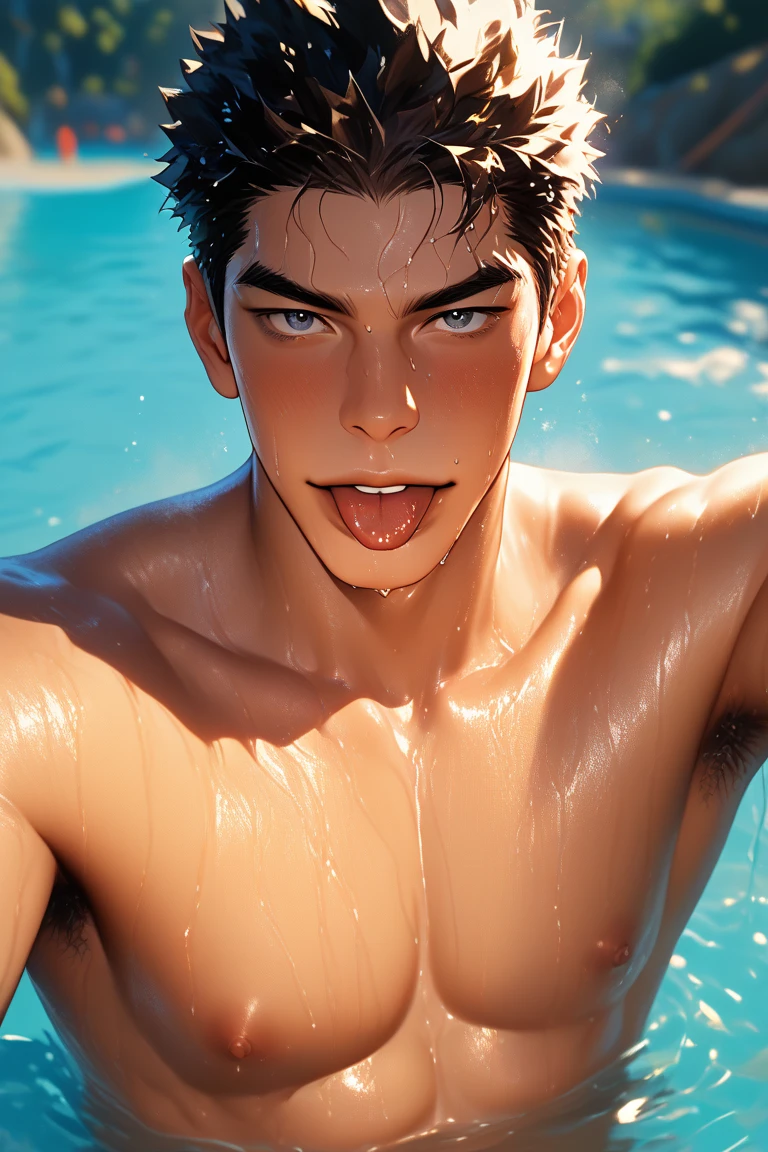 A close-up of a shirtless upper body showing eight-pack abs,with short black hair,with brown eye,Eighteen-year-old handsome boy
Handsome,gentleness,smile
Holding three stacks of bills in both hands
The upper body exudes a shimmering light