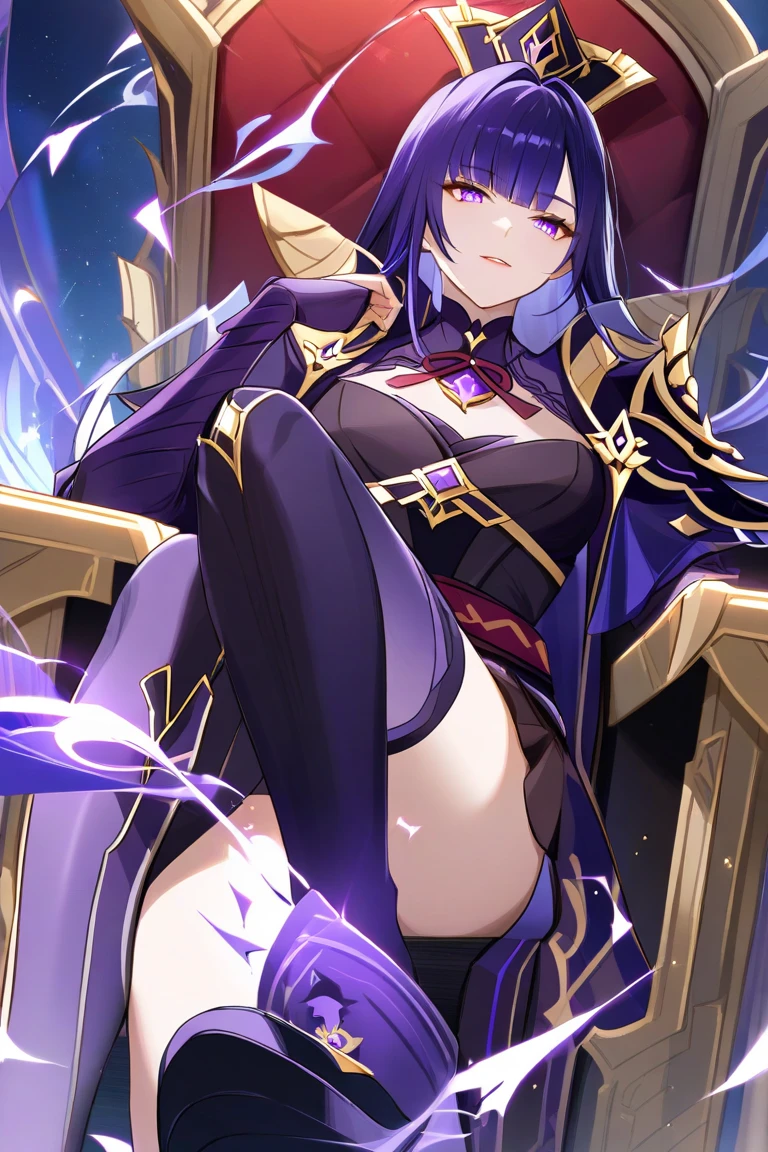 an elf mage, long purple hair, bangs covering one eye, large breasts, exposed thighs, hair between eyes, heroic posture, purple eyes, full body, dark blue and purple cloak, confident, fantasy, medieval, magic, night, lens reflection, glow