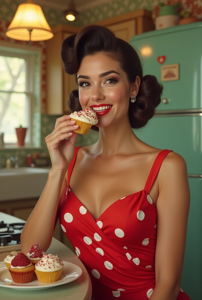 sexy pinup girl eating cake
