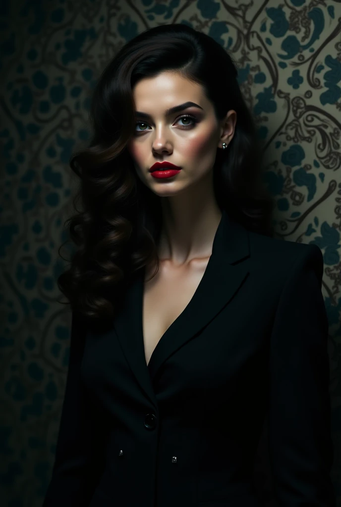 
Sophisticated woman with long black silk dress, loose hair with soft waves, classic makeup and red lipstick. dark background with dramatic lighting, editorial style. Glamorous and timeless look, perfect for luxury fashion brand.