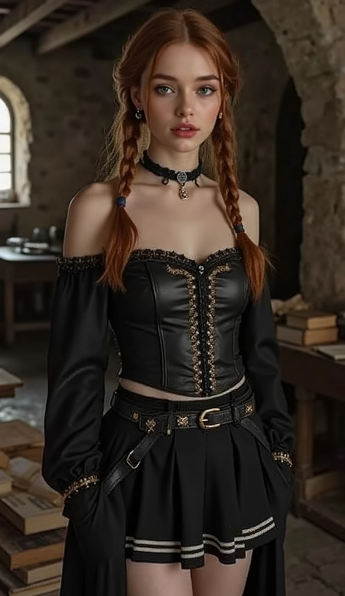 🌟 quality & silent:
award-winning photo , 8k, masterpiece, hyperrealistic, ultra high resolution, very detailed, soft lighting, SLR lighting, SLR camera , Fujifilm XT3, film grain, Sharp concentration, perfect lighting, dark fantasy art. gothic style
🌌 Szene & HintergrAnd:
A medieval verse Lie with gloomy lighting, schwachem Kerzenlicht And kaputten Steinwänden. scattered old books, zerbrochene wissenschaftliche Instrumente And Folterwerkzeuge liegen herum. Die Atmosphäre ist dramatisch And erregend. dreht sich zur seite
😈 Model & Styling:
A young redheaded girl with long twin braid hair, blasser, porcelain-white skin, mandelförmigen strahlende blauen Augen And roten Lippen. Sie ist dünn mit mittelgroßen Brüsten And trägt ein (Lederkorsett mit karmesinroten And goldenen Details), (a black one/white pleated skirt like a shool uniform) And (long knee-high boots with thin heels).
🔥 Pose & Mood:
She stands or walks through the dungeon, her body shows her wide hips, Her perfect, straffen Hintern And ihre vollen Oberschenkel. Her facial expression is a sensual look with a perverse smile, as she moves through the room. Die Mood ist dramatisch, emotional aufgeladen And voller Spannung.