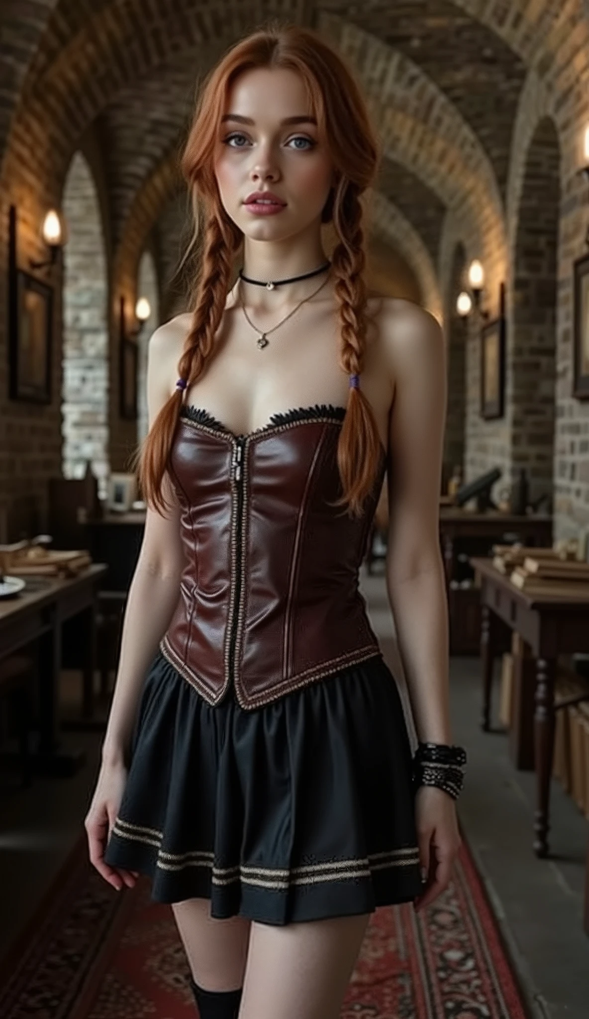 🌟 quality & silent:
award-winning photo , 8k, masterpiece, hyperrealistic, ultra high resolution, very detailed, soft lighting, SLR lighting, SLR camera , Fujifilm XT3, film grain, Sharp concentration, perfect lighting, dark fantasy art. gothic style
🌌 Szene & HintergrAnd:
A medieval verse Lie with gloomy lighting, schwachem Kerzenlicht And kaputten Steinwänden. scattered old books, zerbrochene wissenschaftliche Instrumente And Folterwerkzeuge liegen herum. Die Atmosphäre ist dramatisch And erregend. dreht sich zur seite
😈 Model & Styling:
A young redheaded girl with long twin braid hair, blasser, porcelain-white skin, mandelförmigen strahlende blauen Augen And roten Lippen. Sie ist dünn mit mittelgroßen Brüsten And trägt ein (Lederkorsett mit karmesinroten And goldenen Details), (a black one/weißen pleated skirt) And (long knee-high boots with thin heels).
🔥 Pose & Mood:
She stands or walks through the dungeon, her body shows her wide hips, Her perfect, straffen Hintern And ihre vollen Oberschenkel. Her facial expression is a sensual look with a perverse smile, as she moves through the room. Die Mood ist dramatisch, emotional aufgeladen And voller Spannung.