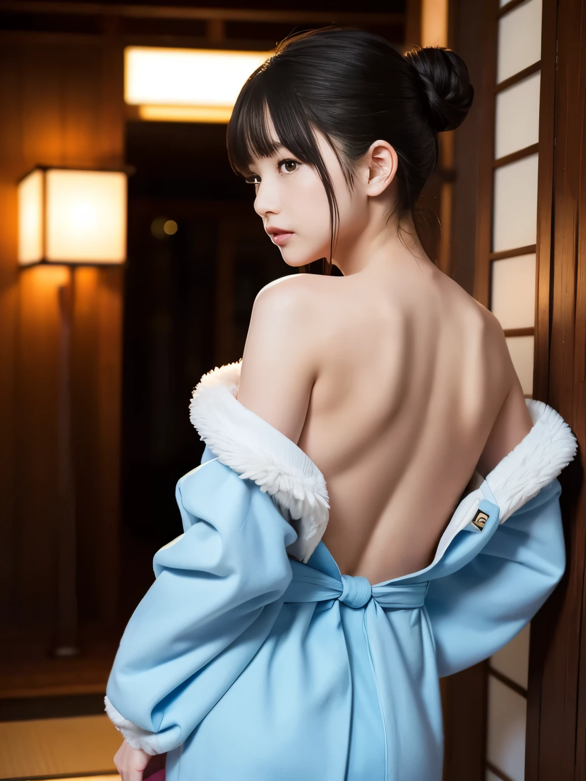 beautiful back、Broad back、Off Shoulder、((Amazing Fur Kimono:1.2、gorgeous embroidered kimono:1.3, gorgeous Japanese clothes:1.2))、medium breasts、(Japanese God,Braided Bun)、(( turn around、  looked back 、 Looking Outside 、camera))、Inside a Japanese-style room 、Best Masterpiece:1.3、top quality、RAW Photo Quality、Extremely precise depiction:1.3、detailed background、