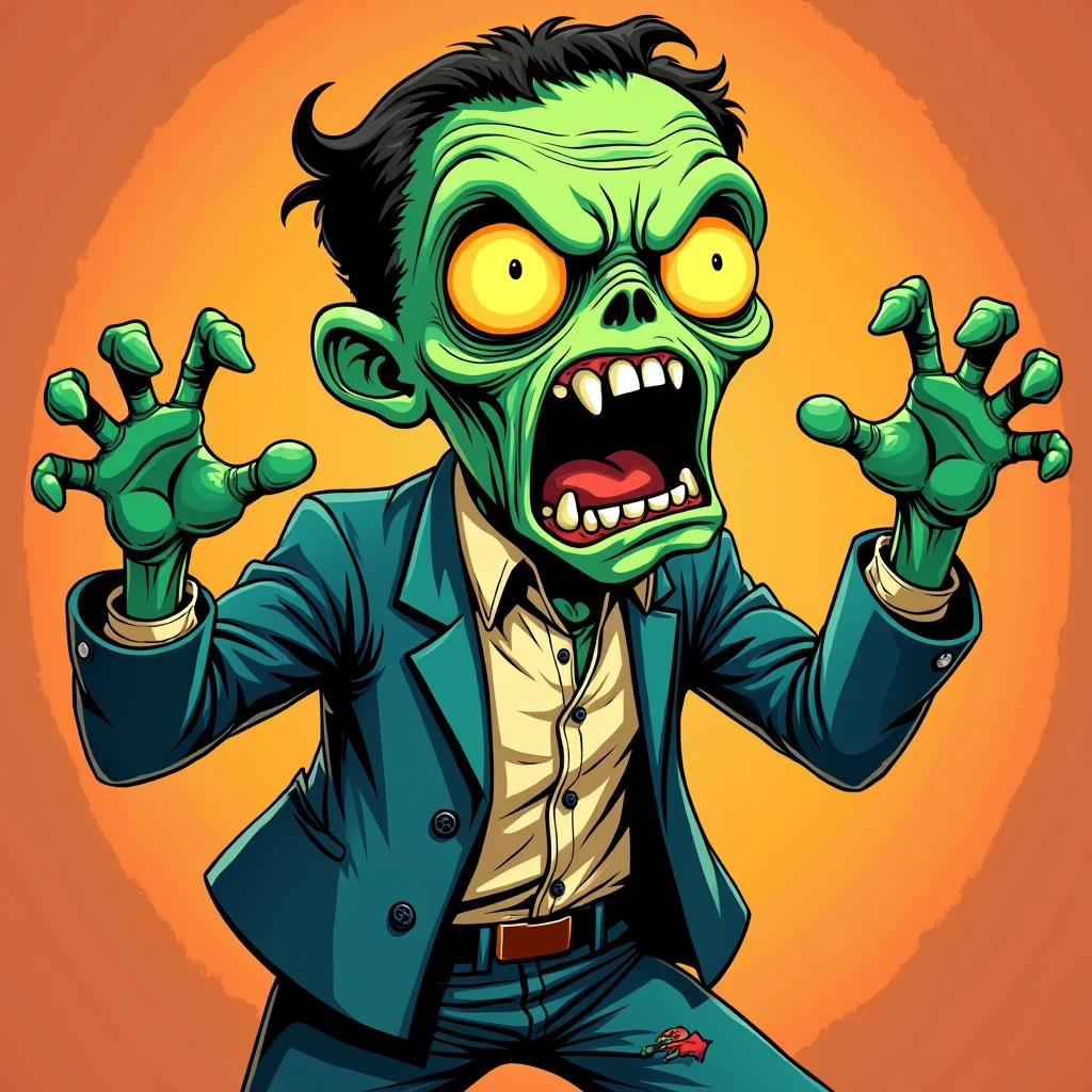 Cartoon zombie in a suit and tie with hands out, teacher as angry zombie, undead Ronald Reagan zombie, buzz, evil zombie, zombie Ronald Reagan, man mutating to zombie, zombie weapons in front, zombie in horror concept art, zombie, zombie cyborg, zombie with green eyes, two faces, violent zombie dance