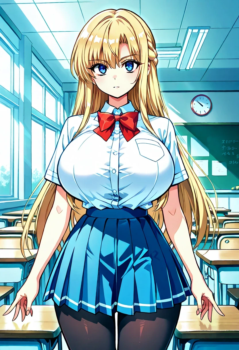   4K resolution ,  masterpiece,  absurd,  highly detailed, highres,  Alta calidad,  envelopes ,  score_9,  score_8_arriba,  score_7_arriba,  score_6_arriba,   animated_    source    ,     source    _  animated,   animated coloring,  high resolution garments,  Detailed face ,  envelopes ,   eyes , Retrato de  high resolution garments,   sharp detail, subtle redness ,   vivid eyes with subtle reflections,  masterpiece,     source    _  animated,   animated style,  cowboy shot , perky 
BREAK , 
 a girl, Alone , Alone  focus,  looking at the spectator,  blond hair, long hair, blue eyes , huge breasts, sexy,  with non-straight line , volarribatuous, red bow,  school uniform , shirt,   mangas abullonadas,  short sleeves , pleated skirt, skirt,  black tights , white blouse, white sleeves, Manos in caderas, relaxed posture, presumed,  of foot,
BREAK,
 Internal, classroom, windows, daytime, day,  natural lighting ,