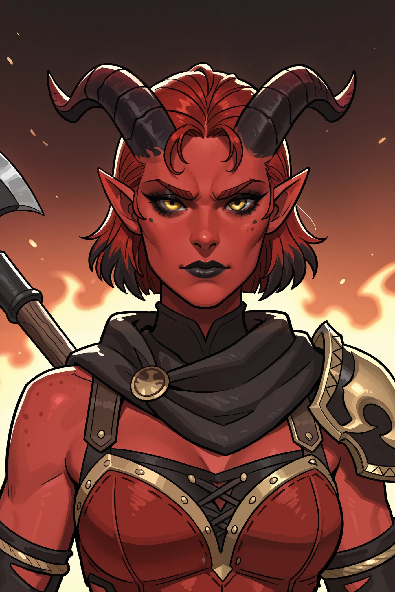 a tiefling woman, with red skin and black and gold eyes, with red short hair, pointy ears and curved black horns with red tips, wearing black lipstick, with a serious and firm expression, wearing barbarian clothes and large axe from D&D
