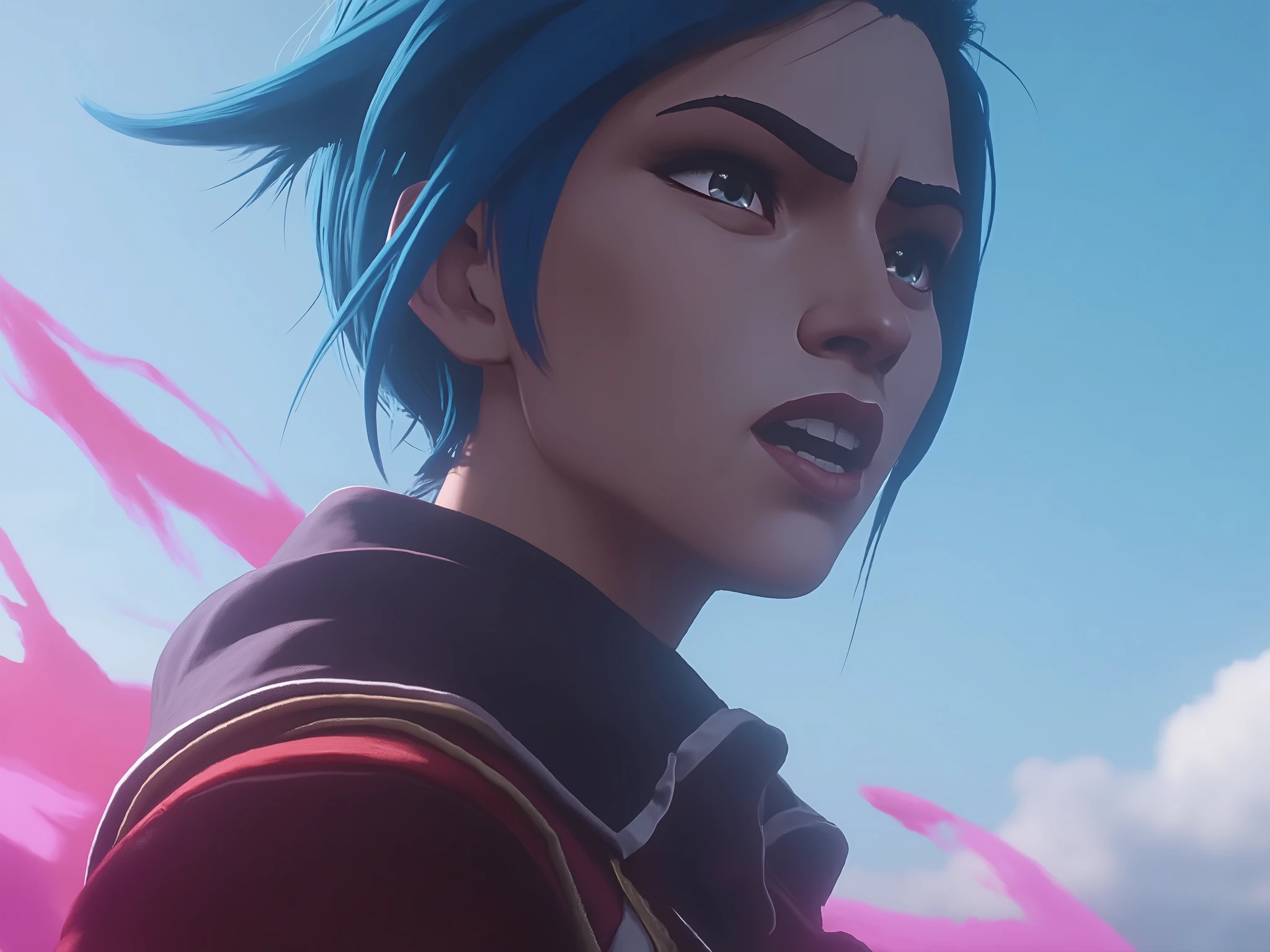score_9, score_8_up, score_7_up, score_6_up, score_5_up, score_4_up,
BREAK
(masterpiece: 1.0), best quality, perfect anatomy, perfect composition, perfection, 4k resolution, absurdres, very aesthetic, professional artwork, absolutely beautiful, Arcane style
Break
portrait, 1girl, looking to side, blue sky, red clothes, pink smoke trails, arcane style, great color theory, particles
