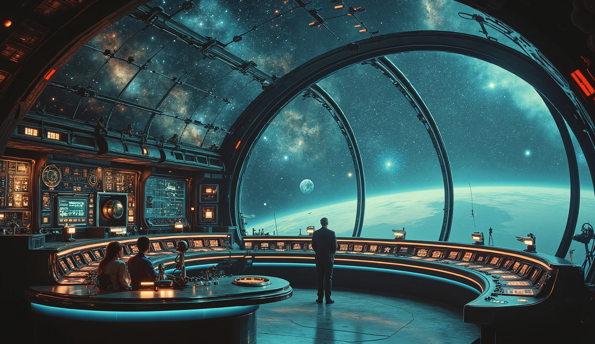 A massive Art Deco-inspired observatory, floating in deep space. Its glass dome reveals breathtaking views of galaxies, nebulae, and distant planets. Inside, a curved, chrome-trimmed control panel with glowing dials and levers is manned by scientists in vintage-style uniforms. Holographic constellations shift above, tracing the future paths of interstellar travel.