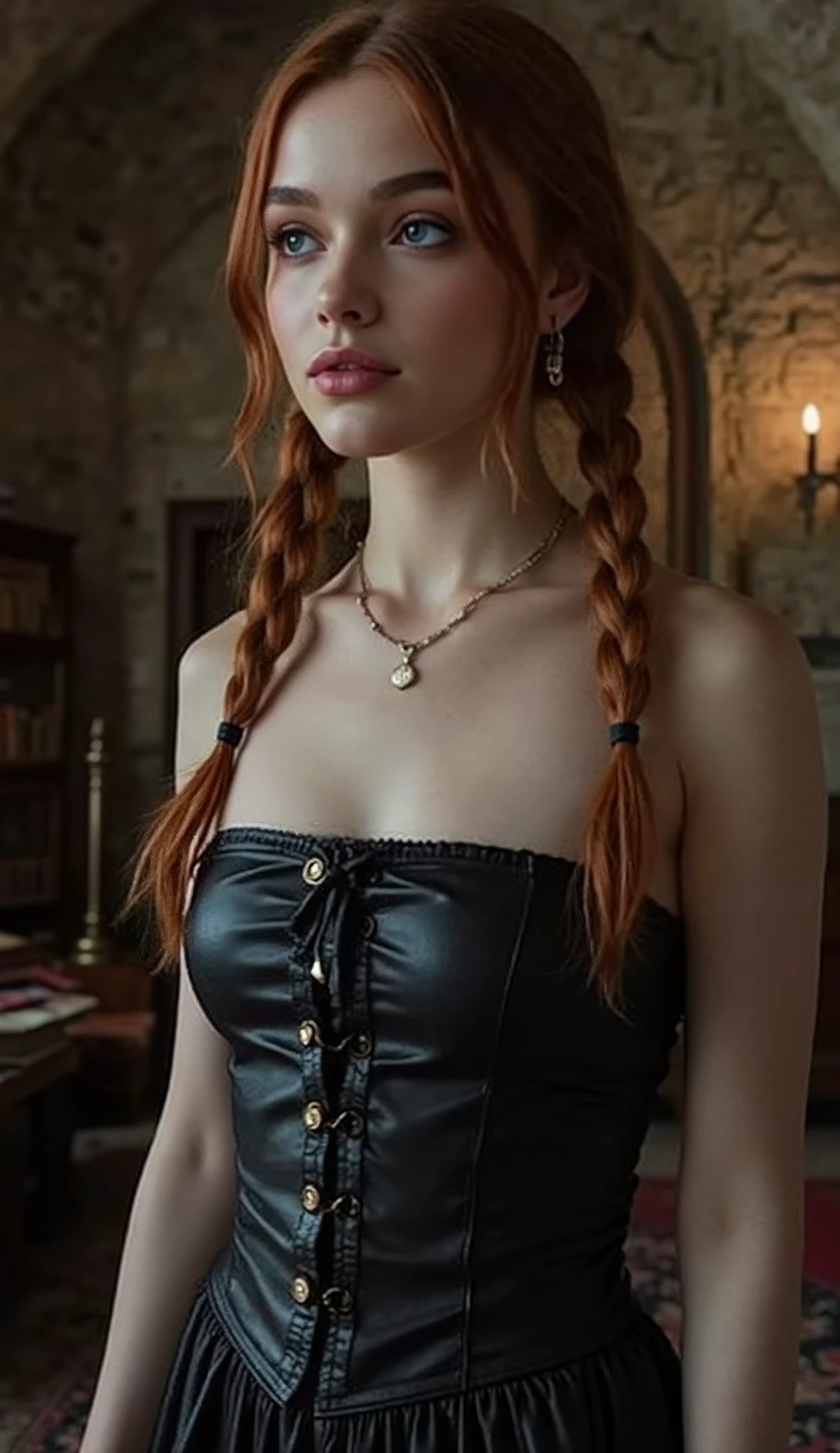🌟 quality & silent:
award-winning photo , 8k, masterpiece, hyperrealistic, ultra high resolution, very detailed, soft lighting, SLR lighting, SLR camera , Fujifilm XT3, film grain, Sharp concentration, perfect lighting, dark fantasy art. gothic style
🌌 Szene & HintergrAnd:
A medieval verse Lie with gloomy lighting, schwachem Kerzenlicht And kaputten Steinwänden. scattered old books, zerbrochene wissenschaftliche Instrumente And Folterwerkzeuge liegen herum. Die Atmosphäre ist dramatisch And erregend. dreht sich zur seite
😈 Model & Styling:
A young redheaded girl with long twin braid hair, blasser, porcelain-white skin, mandelförmigen strahlende blauen Augen And roten Lippen. Sie ist dünn mit mittelgroßen Brüsten And trägt ein (Lederkorsett mit karmesinroten And goldenen Details), (a black pleated skirt with white pleats on the inside) And (long knee-high camesin red boots with thin heels).
🔥 Pose & Mood:
She stands or walks through the dungeon, her body shows her wide hips, Her perfect, straffen Hintern And ihre vollen Oberschenkel. Her facial expression is a sensual look with a perverse smile, as she moves through the room. Die Mood ist dramatisch, emotional aufgeladen And voller Spannung.