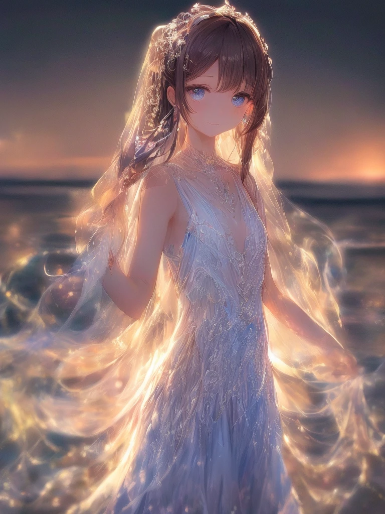 (Kate Mara (age 20) ethereal, ghostly, dressed in sheer near nude billowing fabrics) she is a haunting beauty walking just above the ground on a moonlit night, coast