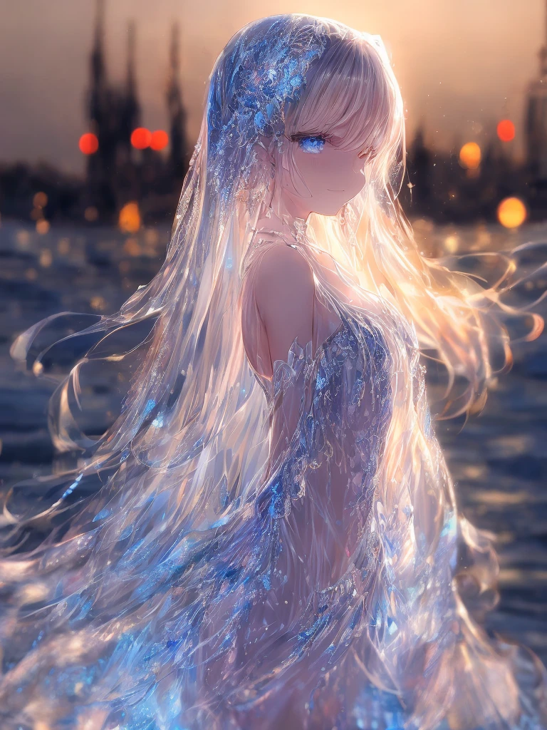 masterpiece, best quality, (extremely detailed CG unity 8k wallpaper), (masterpiece), (best quality), (polychromatic:1.25), (scenic:1.2), (heterochromatic:1.2), (ultra-detailed), (best illustration), (best shadow), (lightfast), (highly detailed reflection), (an extremely delicate and beautiful), (fantasy), (dynamic angle), (dynamic pose), (1 girl floats in sky), (white hair), (long wavy hair), (swirling hair), (gradient hair), (white summer dress), (rainbow colored pupils), eyelashes, (highly detailed face:1.3), (light particles:1.3), (highly detailed light:1.3), (light changes to water:1.5), ( lots of water current), red, vermeil, orange, yellow, green, lime, peach, colar, pink, aqua, blue, violet, (gradient colored background), smile, upper body, (detailed blue sky:1.3), (clouds), (ribbon straps), (close up:0.8)