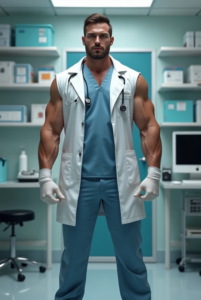 Strong, virile, beardless, bald man in black swim trunks, taking off his underwear in front of a female doctor, with a pistol in his waistband.