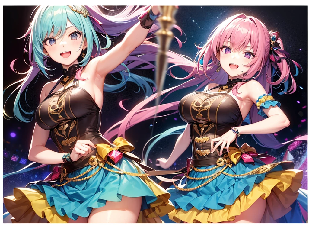 A group of women in idol costumes are striking a pose while happily singing and dancing together, sweating and having fun, They're all smiling and having fun, enjoying the moment. The girls are surrounded by cute and colorful decorations, and they're comfortable and relaxed. They're all good friends, and they're happy to be spending time together, {{{{arena}}}}, idol stage, {{{spot lighting}}}, {{{light from above}}}, {{{{confetti:1.3, motion blur}}}}, {{{dutch angle shot}}},
