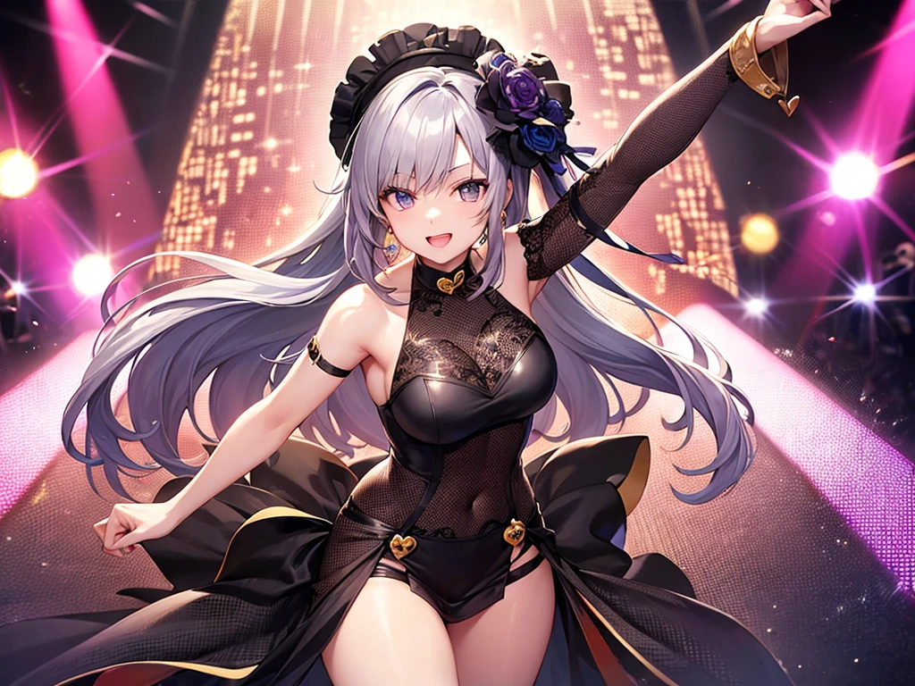 (masterpiece:1.3), (Absurd:1.3), (Highest quality:1.3), (8k), (large masterpiece digital art), (detailed manga figure), (Processed Hair), Perfect Anatomy, (Detailed Background), (Detailed clothing), (Intricate details:1.3), (Very detailed:1.3), (figure:1.3), (Natural light:1.05), (Vibrant colors:1.3), One girl, alone, smile, Mouth closed, It should be Chloe, Medium chest, Cleavage. belly button, Multicolored Hair, Red eyes, x hair ornaments, hair ornaments, Grey Hair, Striped Hair, Black Hair, Braiding, bangs, Manicure, Ahoge,naked, Leaning audience,