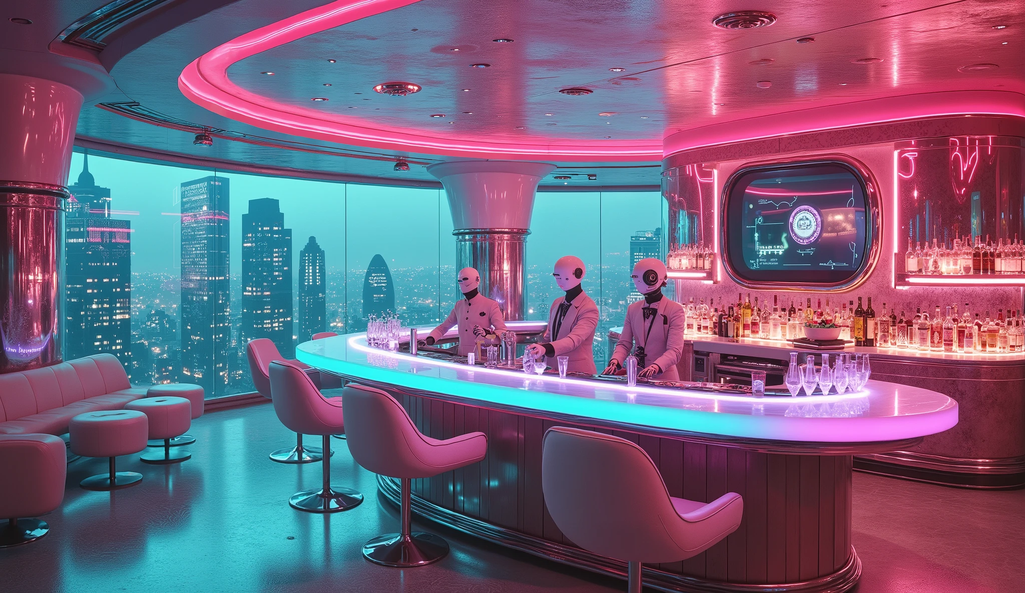 A futuristic floating cocktail lounge, suspended over a neon-lit city. The bartop is made of glowing, liquid metal, shifting colors as robotic mixologists craft exotic, luminescent drinks. The walls pulse with soft pink and teal neon patterns, and smooth jazz from a holographic record player fills the air. The seating is vintage yet futuristic, with bubble-shaped chairs hovering slightly above the floor.