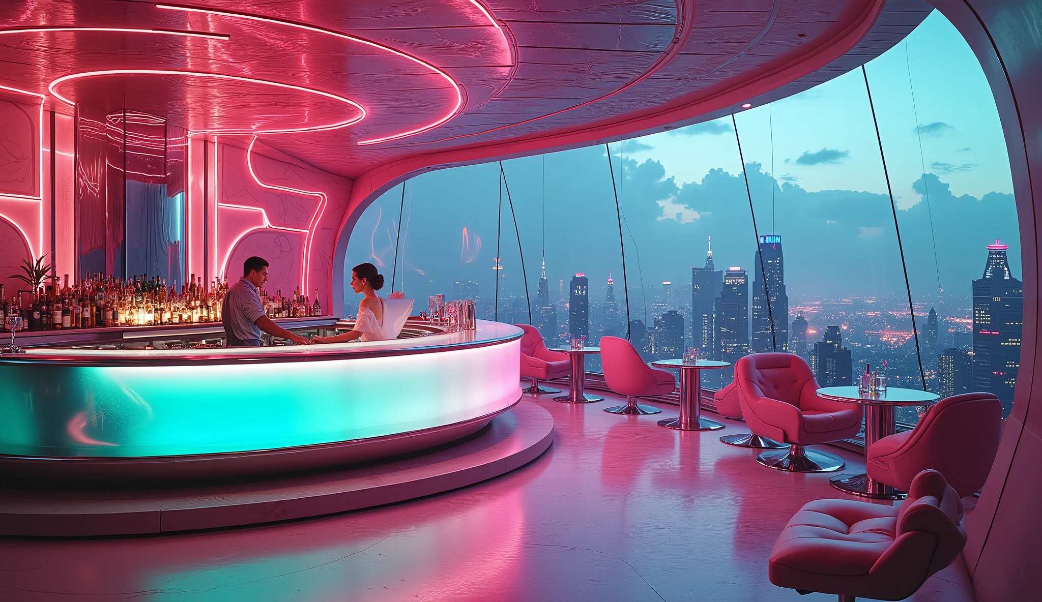 A futuristic floating cocktail lounge, suspended over a neon-lit city. The bartop is made of glowing, liquid metal, shifting colors as robotic mixologists craft exotic, luminescent drinks. The walls pulse with soft pink and teal neon patterns, and smooth jazz from a holographic record player fills the air. The seating is vintage yet futuristic, with bubble-shaped chairs hovering slightly above the floor.
