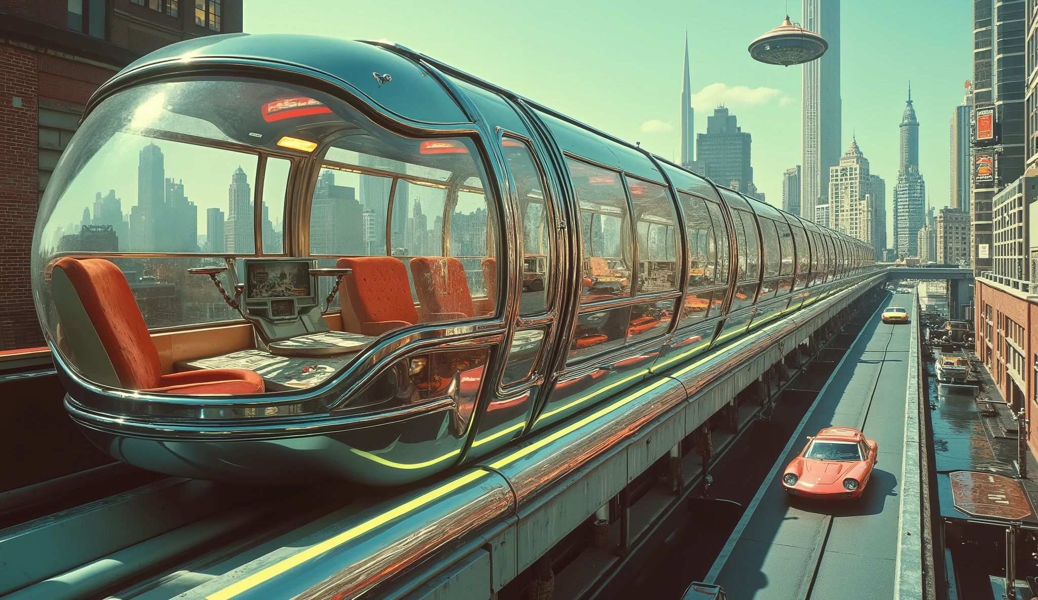 A chrome monorail with panoramic glass windows, smoothly gliding over a retro-futuristic cityscape. The tracks glow beneath it, and inside, the luxurious seats have mid-century modern designs with built-in holographic newspapers. Outside, flying cars zip by, and Art Deco-inspired floating billboards hover over the skyline.