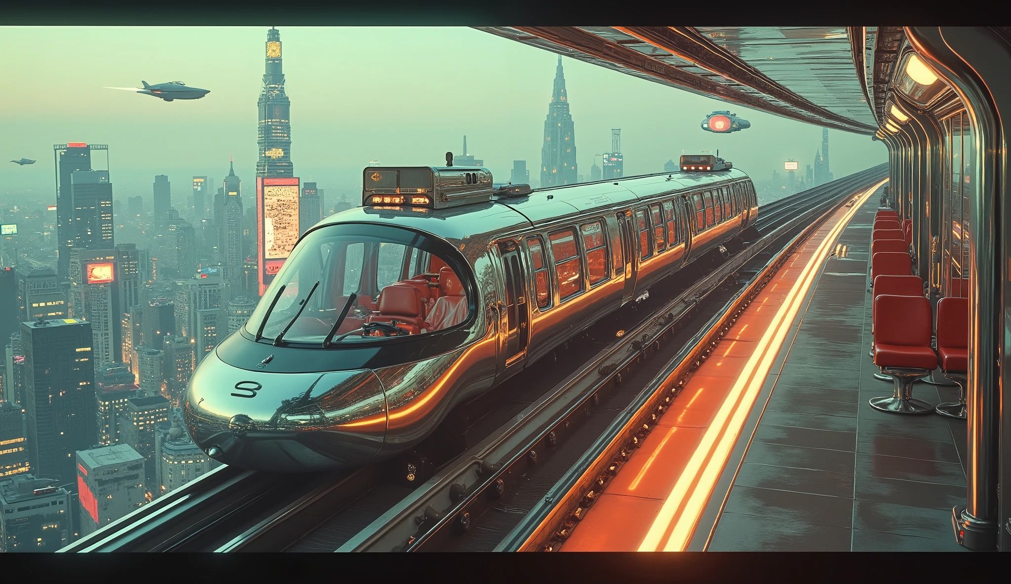 A chrome monorail with panoramic glass windows, smoothly gliding over a retro-futuristic cityscape. The tracks glow beneath it, and inside, the luxurious seats have mid-century modern designs with built-in holographic newspapers. Outside, flying cars zip by, and Art Deco-inspired floating billboards hover over the skyline.
