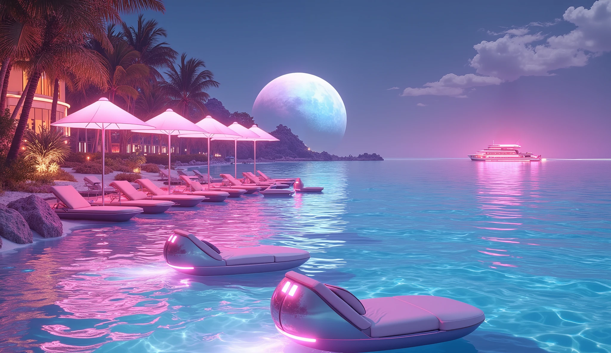 A dazzling retro-futuristic beach resort on Venus, where the ocean is bioluminescent and shimmers in soft pink and blue hues. Elegant floating lounge chairs drift effortlessly on the water, and high-tech chrome umbrellas project glowing force fields to shield guests from the sun. In the distance, hover-yachts glide across the waves, and robotic bartenders serve neon cocktails.
