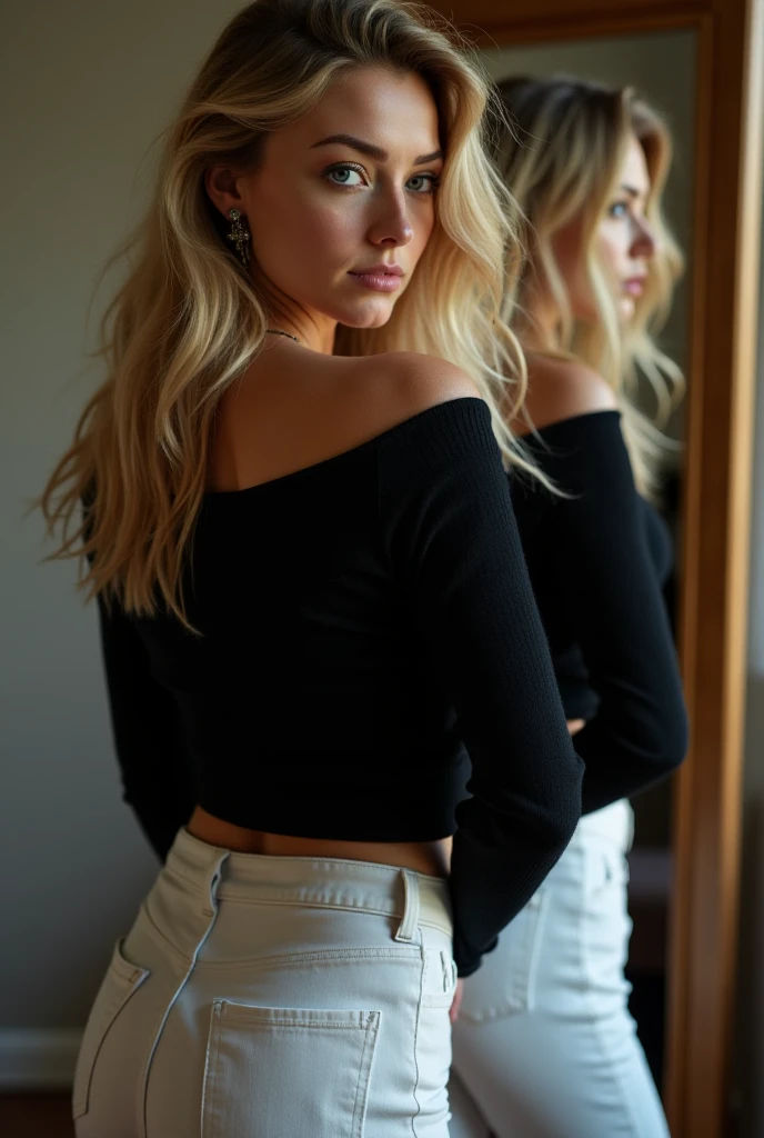 ((Best Quality)), ((Masterpiece)), (detailed), 1 girl, with black sweater and blonde hair naked from the waist down