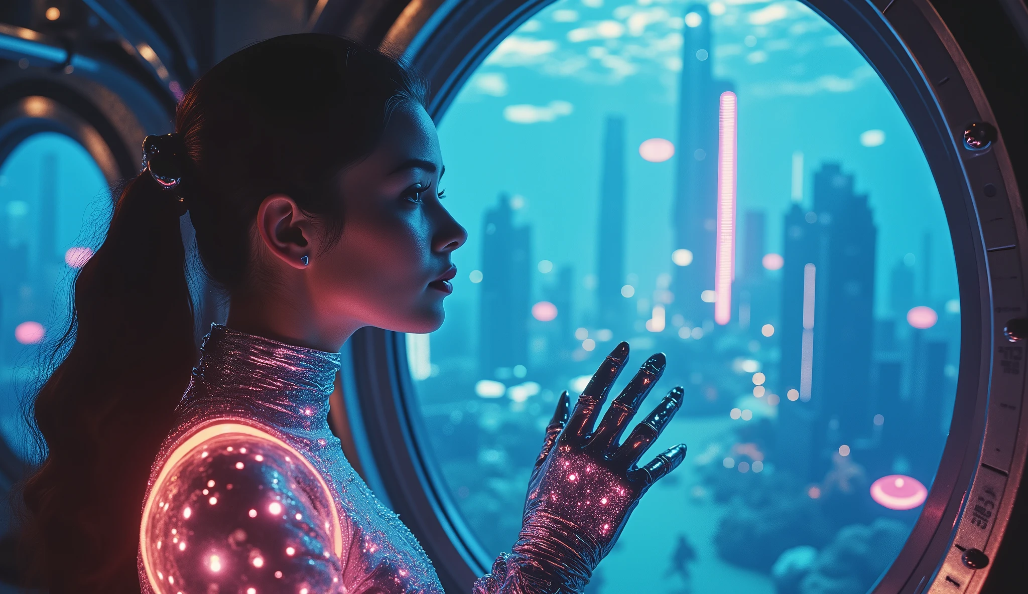 A graceful woman in a glowing, high-tech diving suit, gazing out of a transparent, retro-futuristic submarine window. Outside, a dreamlike underwater city with neon-lit coral skyscrapers and glowing jellyfish drifts peacefully. Her chrome-trimmed gloves touch the glass, reflecting the mesmerizing blues and purples of the deep-sea world.