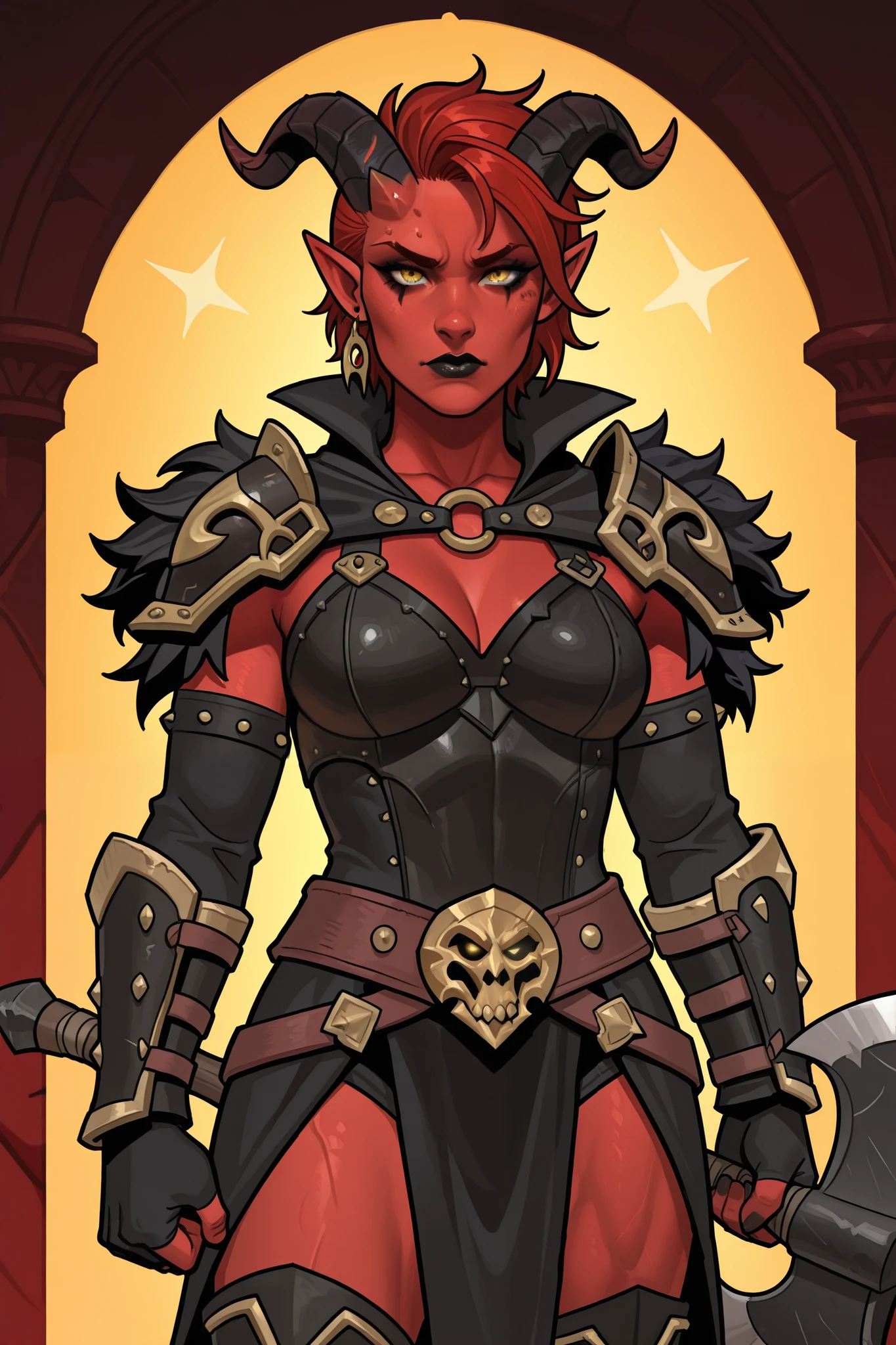 a one tiefling barbarian female, with red skin and black and gold eyes, with red short hair, pointy ears and curved black horns with red tips, wearing black lipstick, with a serious and firm expression, wearing black barbarian clothes and large axe from D&D