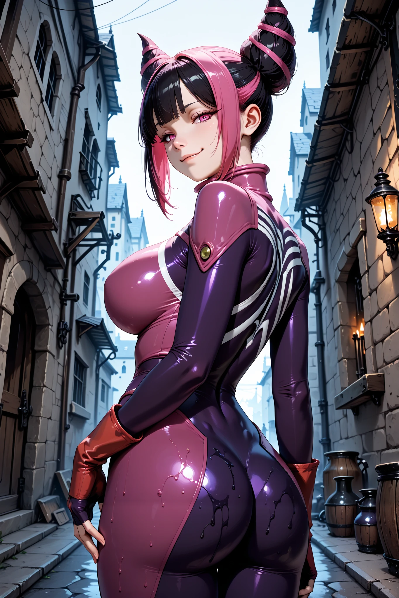 score_9, score_8_up, score_7_up, score_6_up, source_Sousou no frieren, highly detailed eyes, perfect eyes:1.1,
top quality, details, latest, AI-generated, ultra high resolution with oil, cowboy shot, Alone, 20 years old,
curvilinear, is anatomically correct, detailsな肌, standing, place your hands on your lower back,
(hnjr , black hair pink hair, streaked hair, hair horns, pink eyes, hair ornament, large breasts), outfitbdst, multicolored bodysuit, black bodysuit, purple bodysuit, fingerless gloves, popped collar, high collar,black gloves, skintight,
(orgasm:0.6), smug,
Medieval back alley, (look down at the viewer:1.2), low angle,