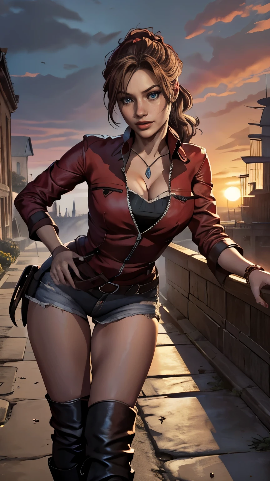 Claire redfield de resident evil,(meilleure qualité, 4K,8K,haute résolution,œuvre d'art:1.2)(météo: coucher de soleil), arrière-plan de ruines de la ville, commissariat, hanches larges, longs cheveux bouclés, cheveux attachés en queue-de-cheval courte, cheveux bruns, taches de rousseur, haut sans manches, veste rouge à manches courtes, short en jean bleu, justaucorps, harnais, bottes hautes, nyamoto, maquillage léger, ombre à paupières foncée, pose de flirt, ultra détaillé,portrait,réaliste,beaux yeux bleus détaillés, lèvres détaillées magnifiques,œil et visage extrêmement détaillés, longs cils,moyenne, grosses poitrines,cheveux volants, sourire rayonnant, sourire sexy, fille puissante, de couleur vive, éclairage dramatique, fumée,