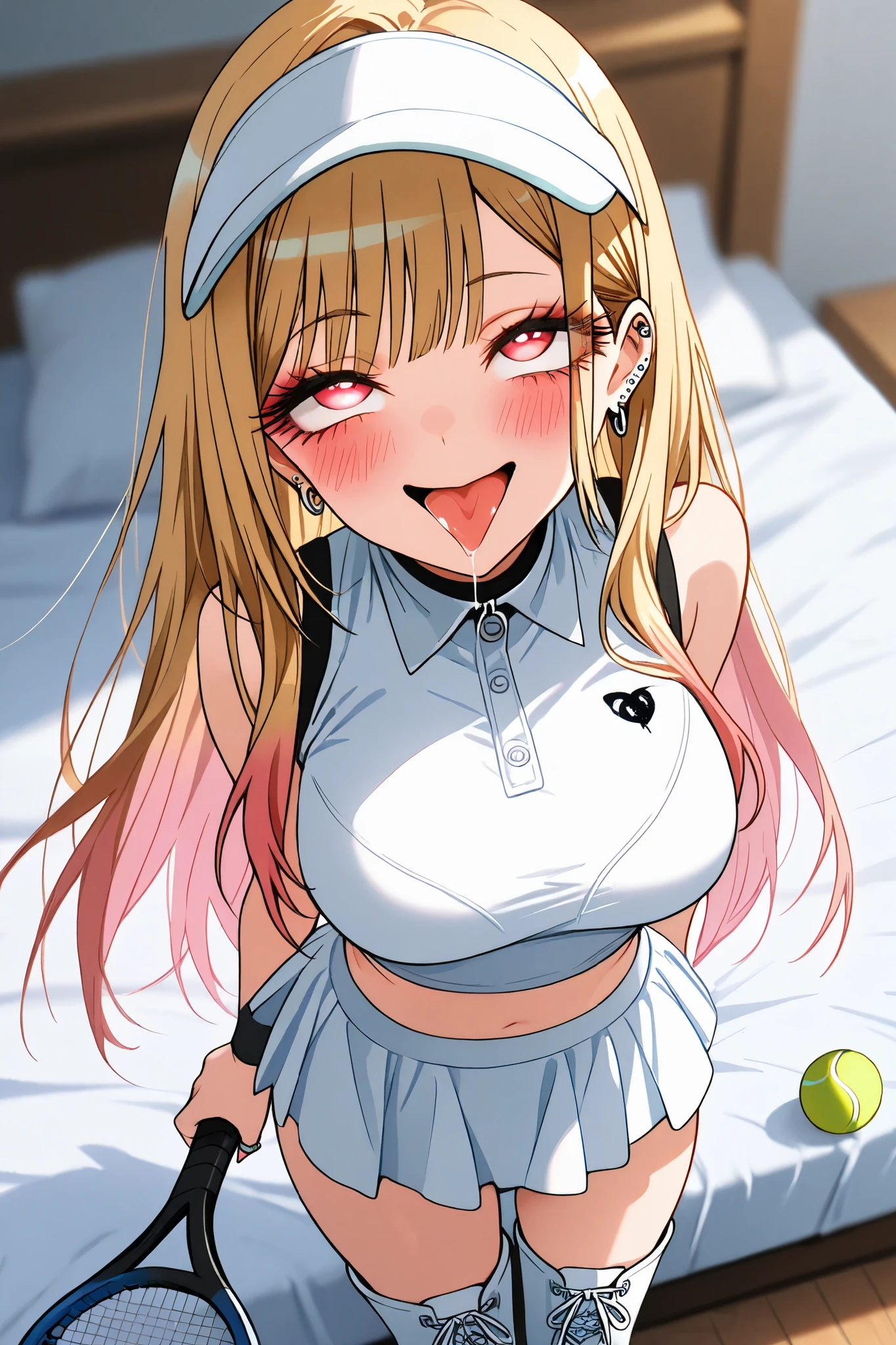 marin_kitagawa,1 female,solo,pretty,
front,lower body,from above,
blonde,long hair,side part bang,cut bangs,
colored inner hair,
red eyes,beautiful eyes,
big eyes,slant eyes,sleepy eyes,
long eyelashes,
white tenis wear(1.3),sun visor,miniskirt,
white lace up boots,thigh-high boots,
pink panty,high heels,
tennis racket,tennis ball,
beautiful legs,thin thighs,thin calves,
large breasts,thin waist,
smile,blushing,drooling,tearful eyes,
rolling eyes,open mouth,tongue out,
I can see panties,cowboy shot,dutch angle,
perfect face,beautiful skin,
anatomically correct,
best quality,super detailed,
highest quality,masterpiece,high quality,
blurred background,
indoor,on bed,bedroom