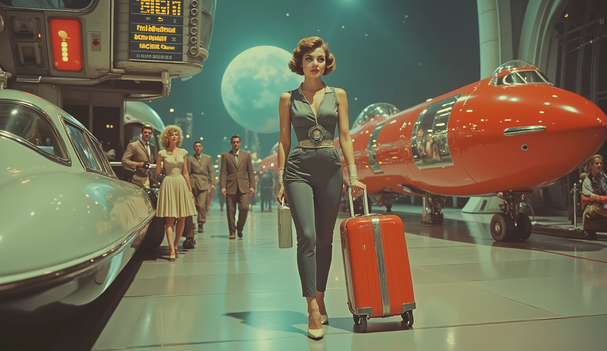 A sophisticated woman in a sleek, vintage-inspired space suit, walking confidently through a futuristic spaceport. Her luggage levitates beside her, while stylish passengers in 50s-style sci-fi couture board elegant, rocket-shaped space cruisers. The departure board glows with exotic planetary destinations, and a retro-futuristic flight attendant in a bubble helmet welcomes travelers aboard.