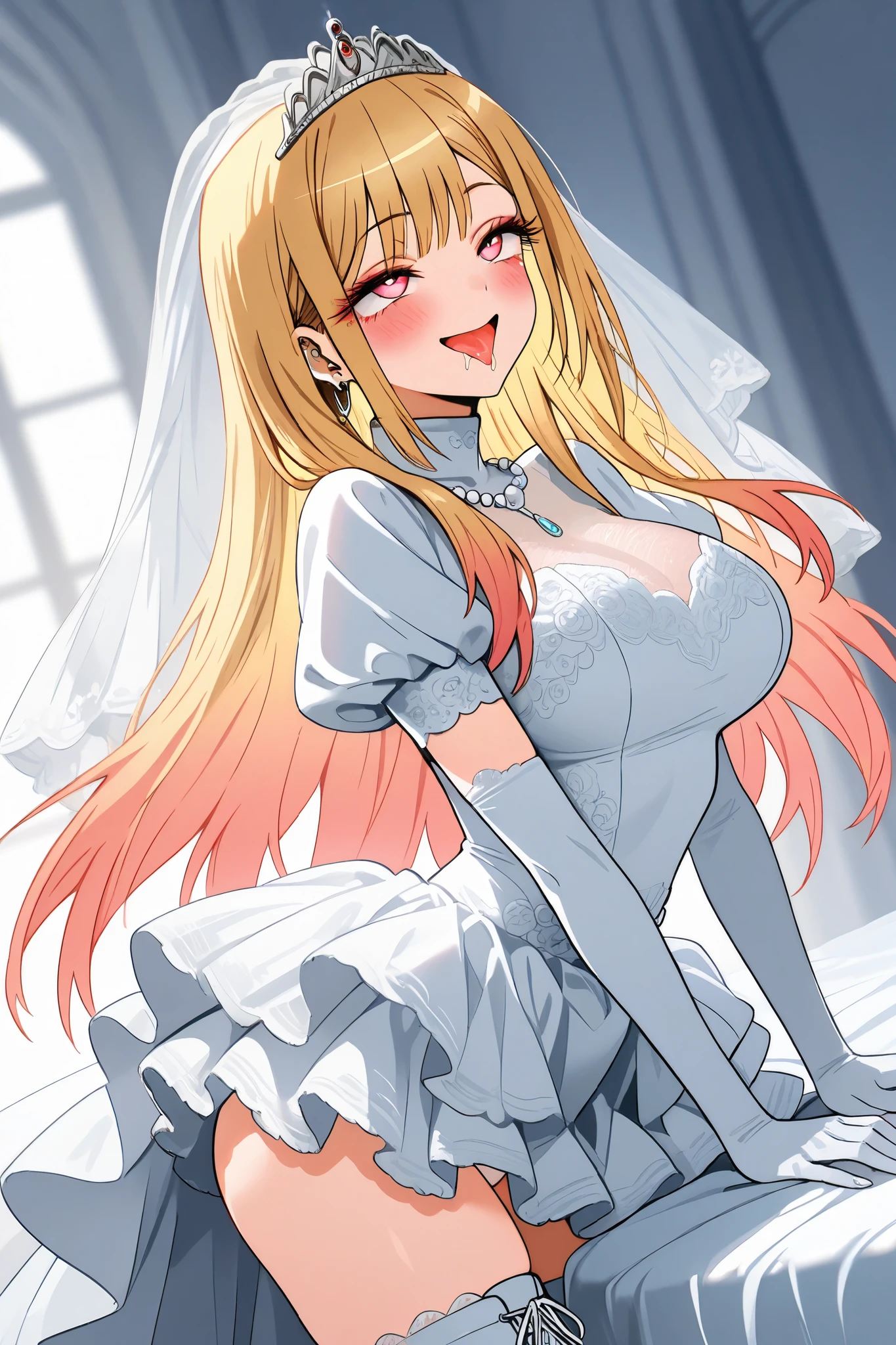 marin_kitagawa,1 female,solo,pretty,
front,lower body,from side,
blonde,long hair,side part bang,cut bangs,
colored inner hair,
red eyes,beautiful eyes,
big eyes,slant eyes,sleepy eyes,
long eyelashes,
white wedding dress(1.3),tiara,veil, turtleneck,short_sleeves,miniskirt,
white lace up boots,thigh-high boots,
white panty,high heels,
white elbow gloves,
beautiful legs,thin thighs,thin calves,
large breasts,thin waist,
smile,blushing,drooling,tearful eyes,
rolling eyes,open mouth,tongue out,
I can see panties,cowboy shot,dutch angle,
perfect face,beautiful skin,
anatomically correct,
best quality,super detailed,
highest quality,masterpiece,high quality,
blurred background,
indoor,on bed,bedroom