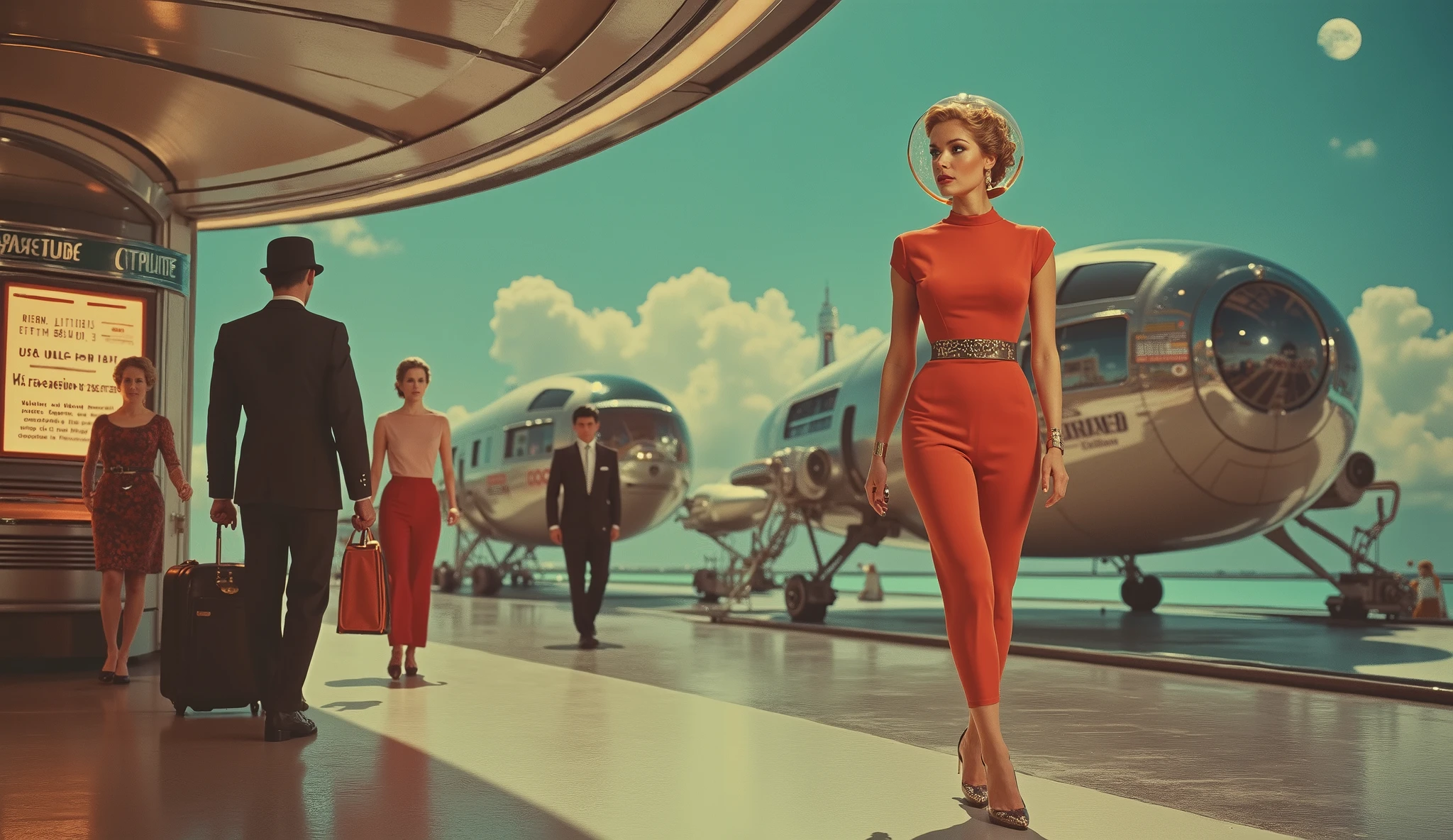 A sophisticated woman in a sleek, vintage-inspired space suit, walking confidently through a futuristic spaceport. Her luggage levitates beside her, while stylish passengers in 50s-style sci-fi couture board elegant, rocket-shaped space cruisers. The departure board glows with exotic planetary destinations, and a retro-futuristic flight attendant in a bubble helmet welcomes travelers aboard.