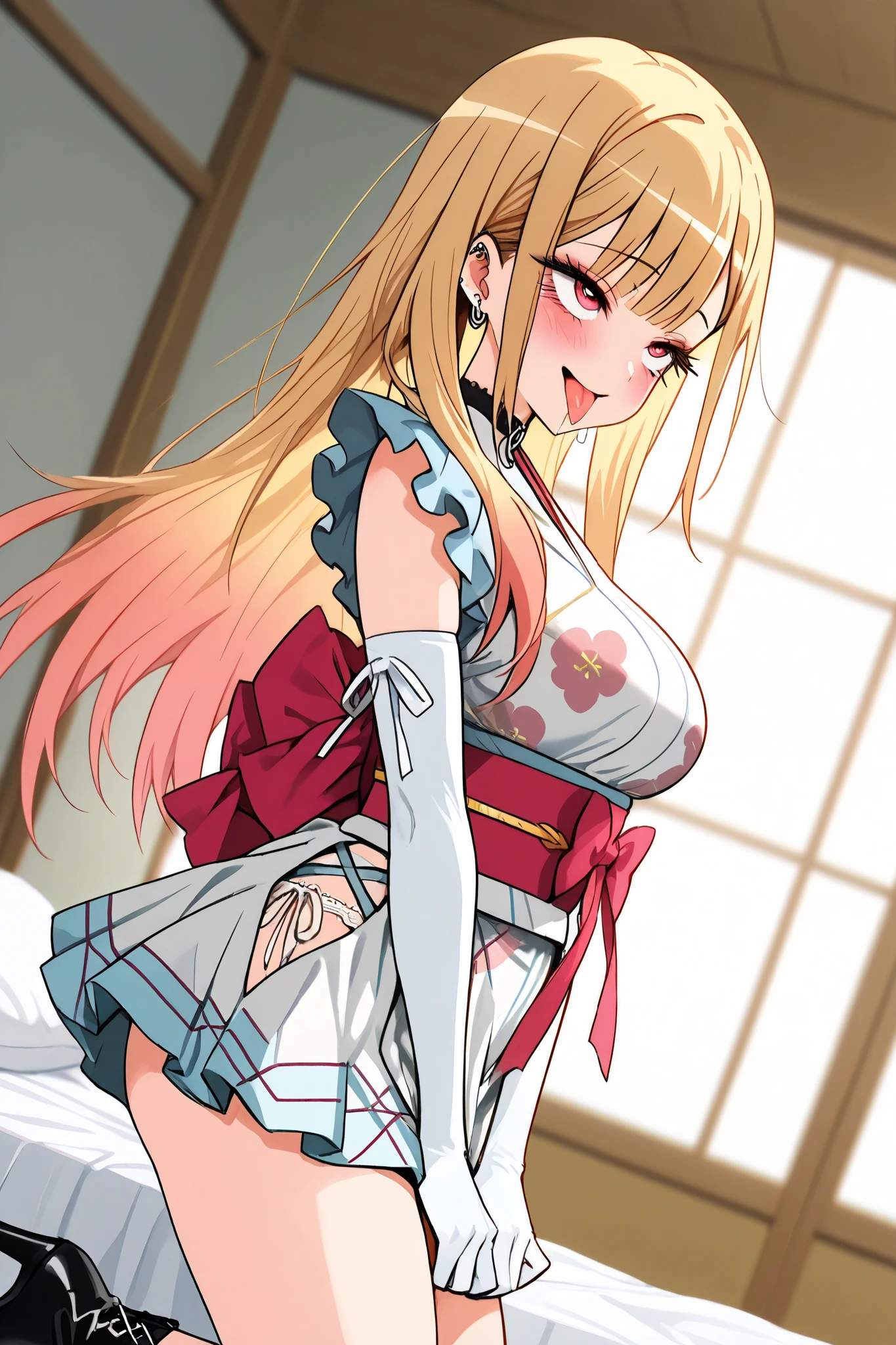 marin_kitagawa,1 female,solo,pretty,
front,lower body,from side,
blonde,long hair,side part bang,cut bangs,
colored inner hair,
red eyes,beautiful eyes,
big eyes,slant eyes,sleepy eyes,
long eyelashes,
kimono(1.3),japanese clothes,miniskirt,
white lace up boots,thigh-high boots,
white panty,high heels,
white elbow gloves,
beautiful legs,thin thighs,thin calves,
large breasts,thin waist,
smile,blushing,drooling,tearful eyes,
rolling eyes,open mouth,tongue out,
I can see panties,cowboy shot,dutch angle,
perfect face,beautiful skin,
anatomically correct,
best quality,super detailed,
highest quality,masterpiece,high quality,
blurred background,
indoor,on bed,bedroom