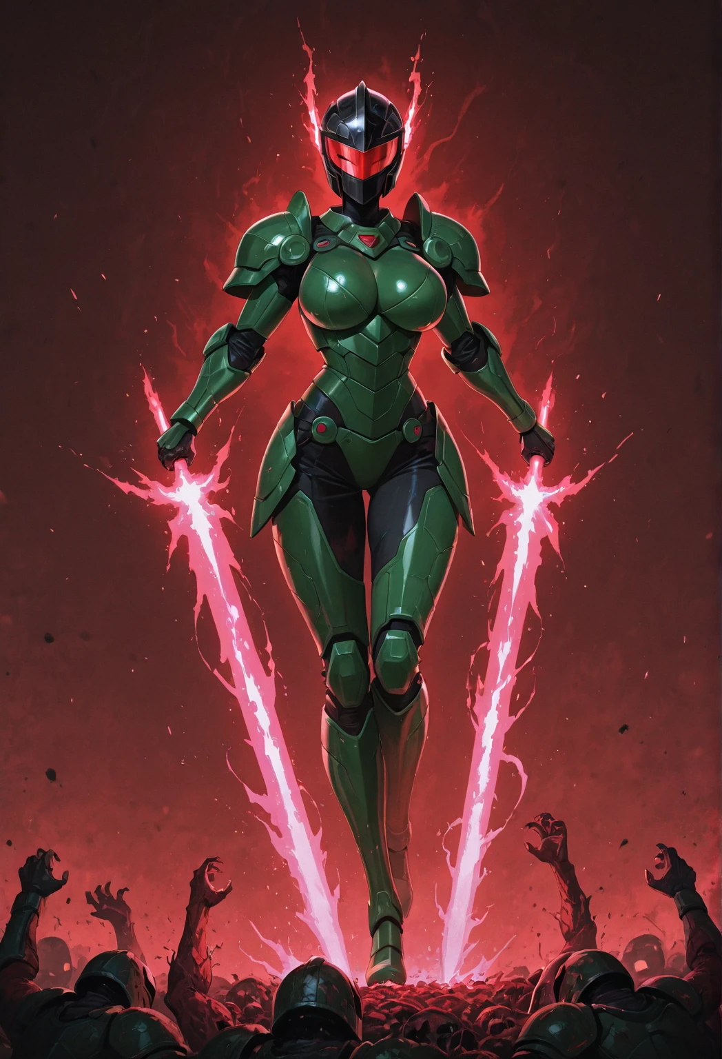 Cartoon photo of woman in green and red costume, hot insect humanoid woman, Guyver style, SFW version, scaraber reploid, tail, cel shade adult animation, alien queen, serpentine pose, --auto --s2