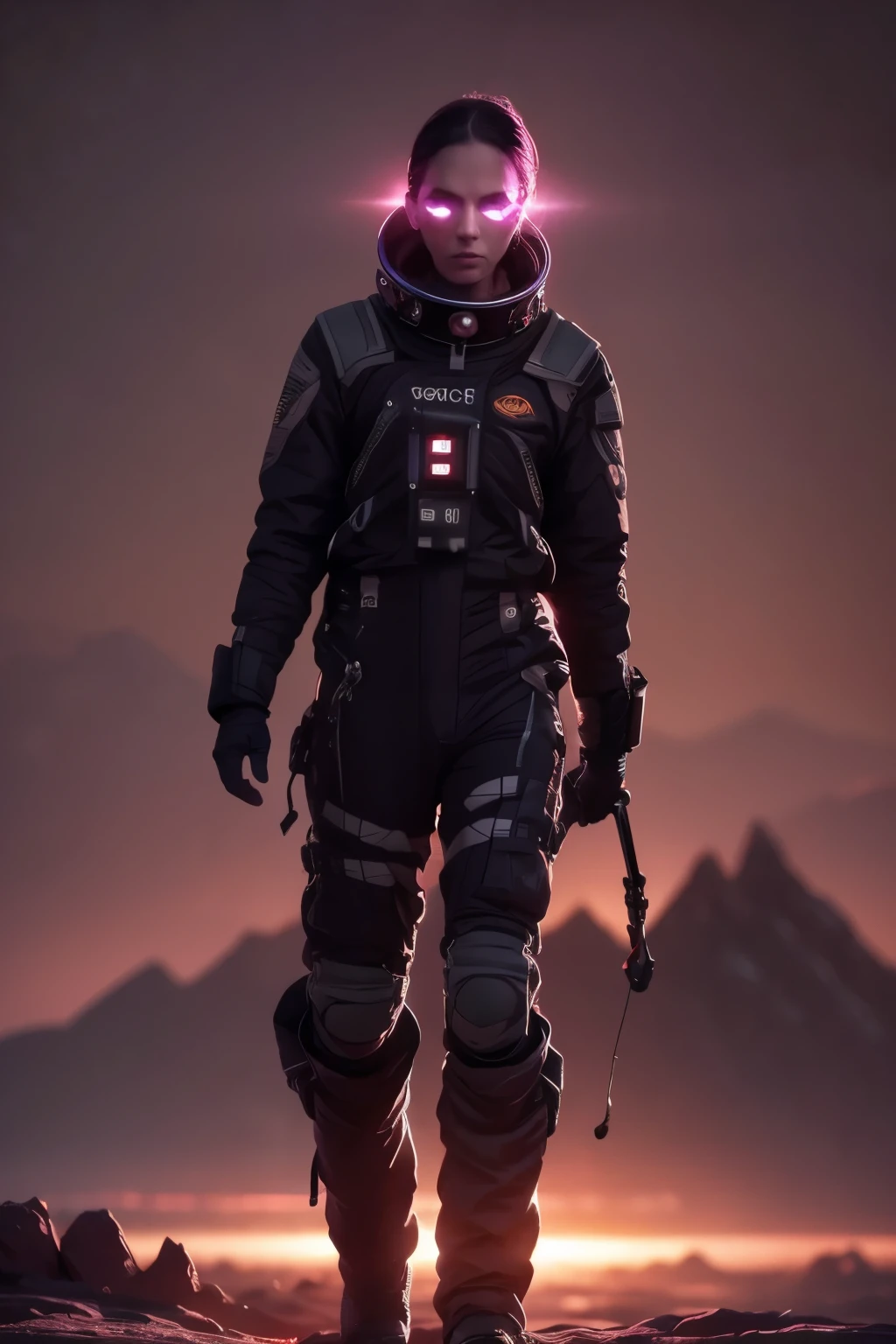 space, extreme frontier, a slender silhouette pierces the hazy purple horizon, detailed character portrait, cinematic lighting, dramatic atmosphere, glowing horizon, vibrant colors, dramatic lighting, moody sci-fi landscape, photorealistic, 8K, ultra-detailed, physically-based rendering