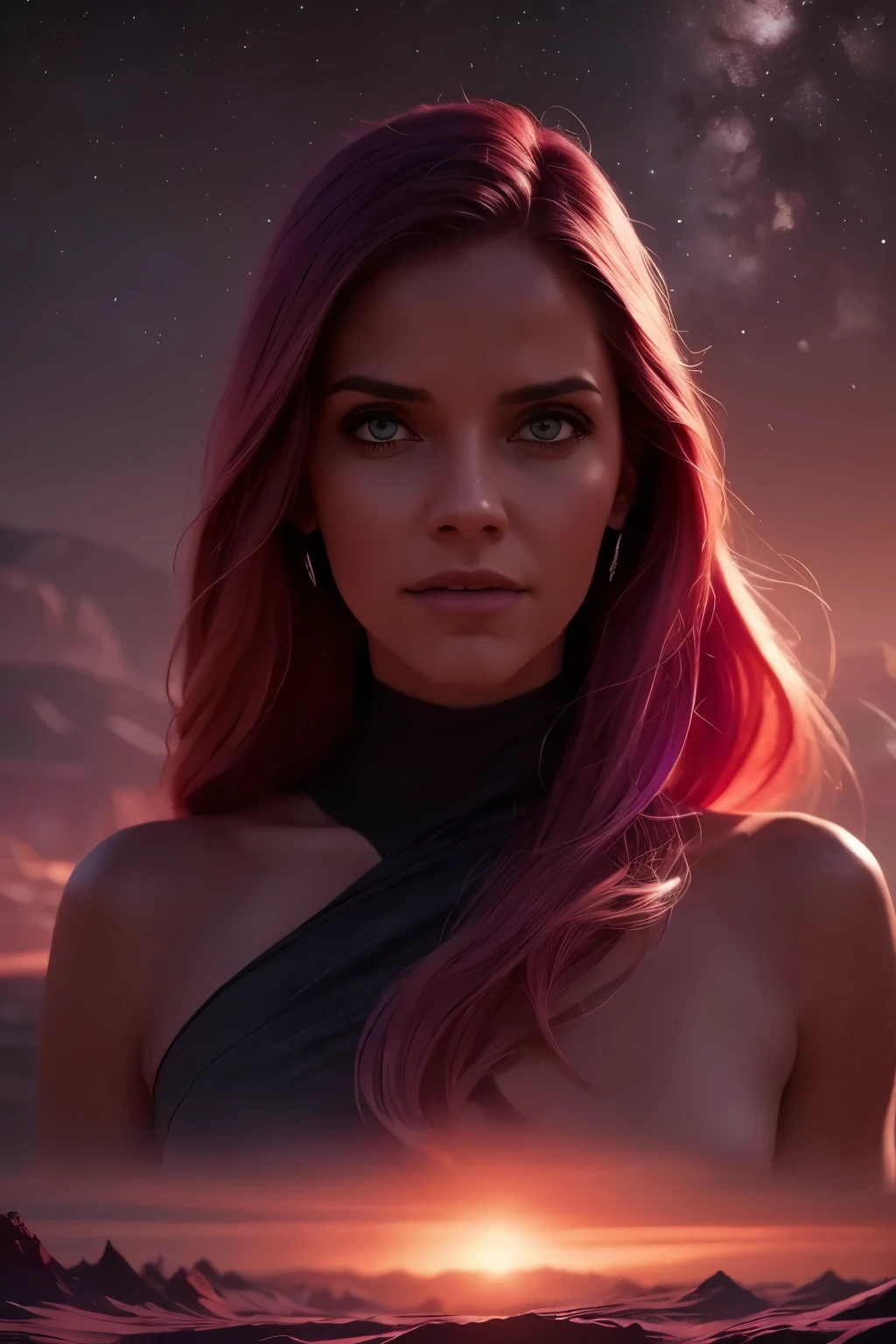 space, extreme frontier, a slender silhouette pierces the hazy purple horizon, detailed character portrait, cinematic lighting, dramatic atmosphere, glowing horizon, vibrant colors, dramatic lighting, moody sci-fi landscape, photorealistic, 8K, ultra-detailed, physically-based rendering