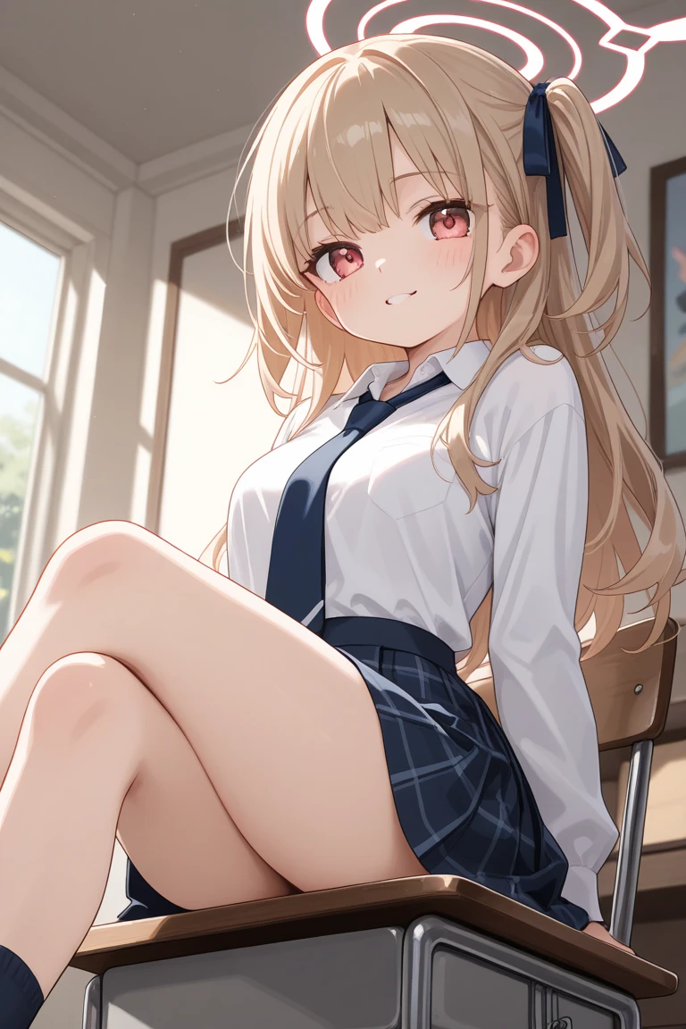 1girl,,neck ribbon loose socks,miniskirt,classroom,,small breasts,smile,(((gyaru))),ponytail,open legs,spread legs,panties