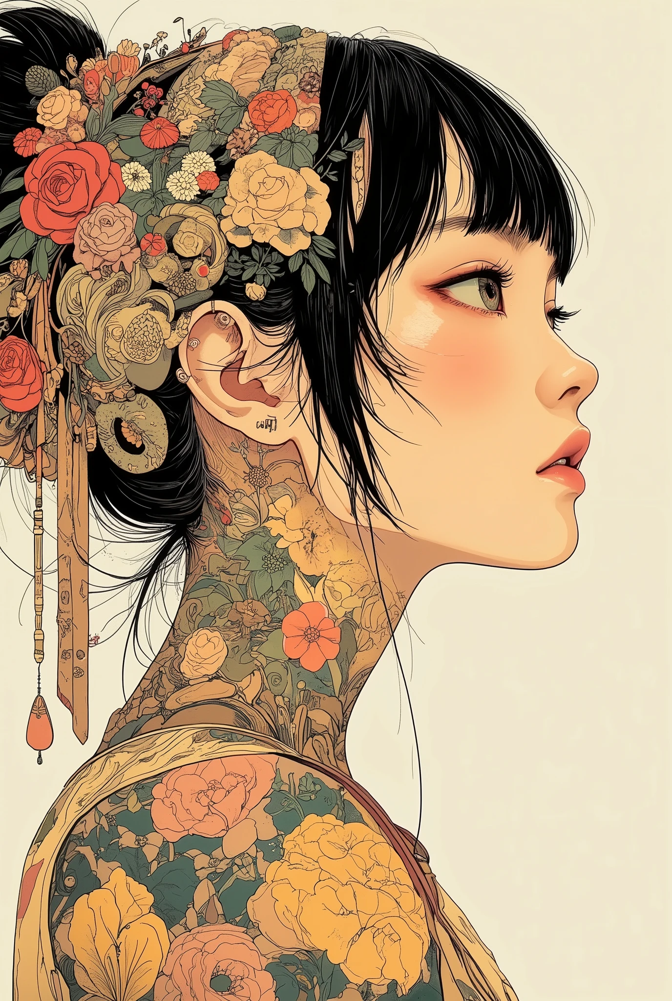 profile、BEAUTIFUL COWGIRL STYLE JAPANESE WOMAN, (super detailed), (best illustration), PRADA'S COWGIRL SET UP、full bangs , shot from below , A pale, pale-toned botanical tattoo from the neck down、PROFESSIONAL SHOTS