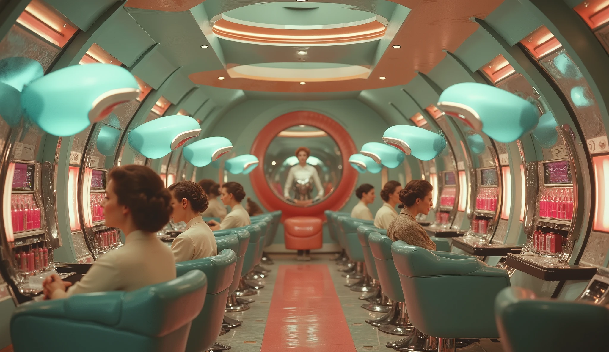 A luxurious 50s-inspired beauty salon where women sit under levitating, holographic hairdryers that softly glow in pastel hues. A glamorous woman with flawless makeup and red lips leans back in her chair as a robotic stylist adjusts her vintage curls. The salon’s decor features curved, mid-century furniture with high-tech touches, large retro mirrors with digital interfaces, and shelves filled with glowing beauty products labeled in an elegant sci-fi script.